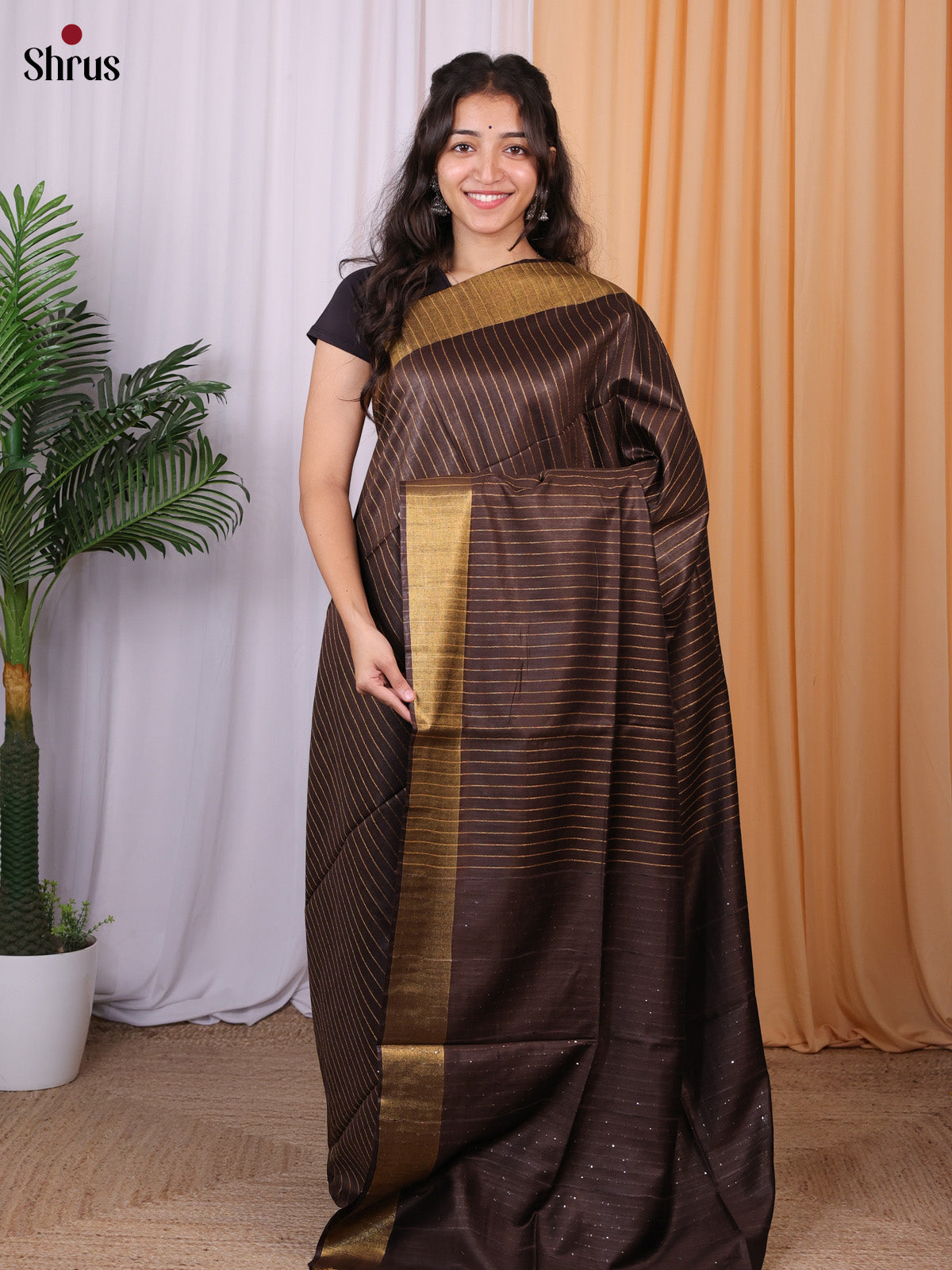 Brown - Semi Tussar Saree - Shop on Shrus.com