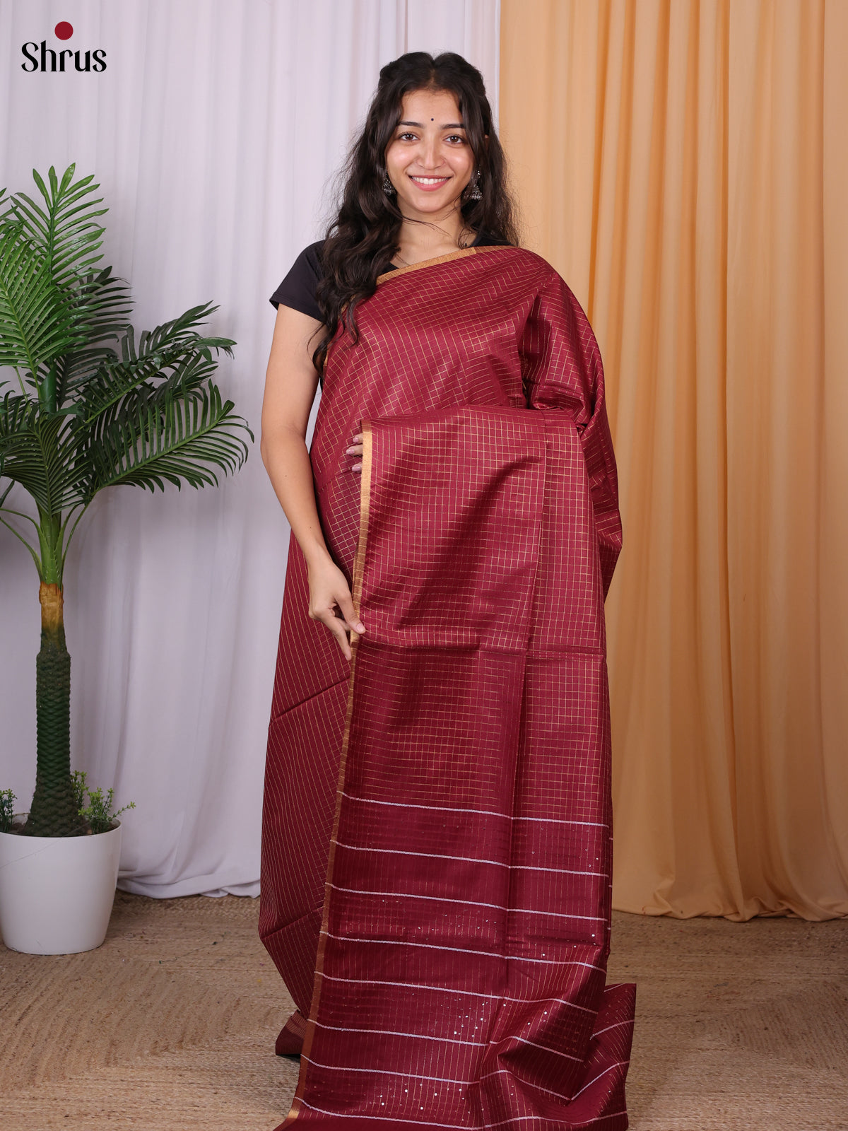 Maroon- Semi Tussar Saree - Shop on Shrus.com