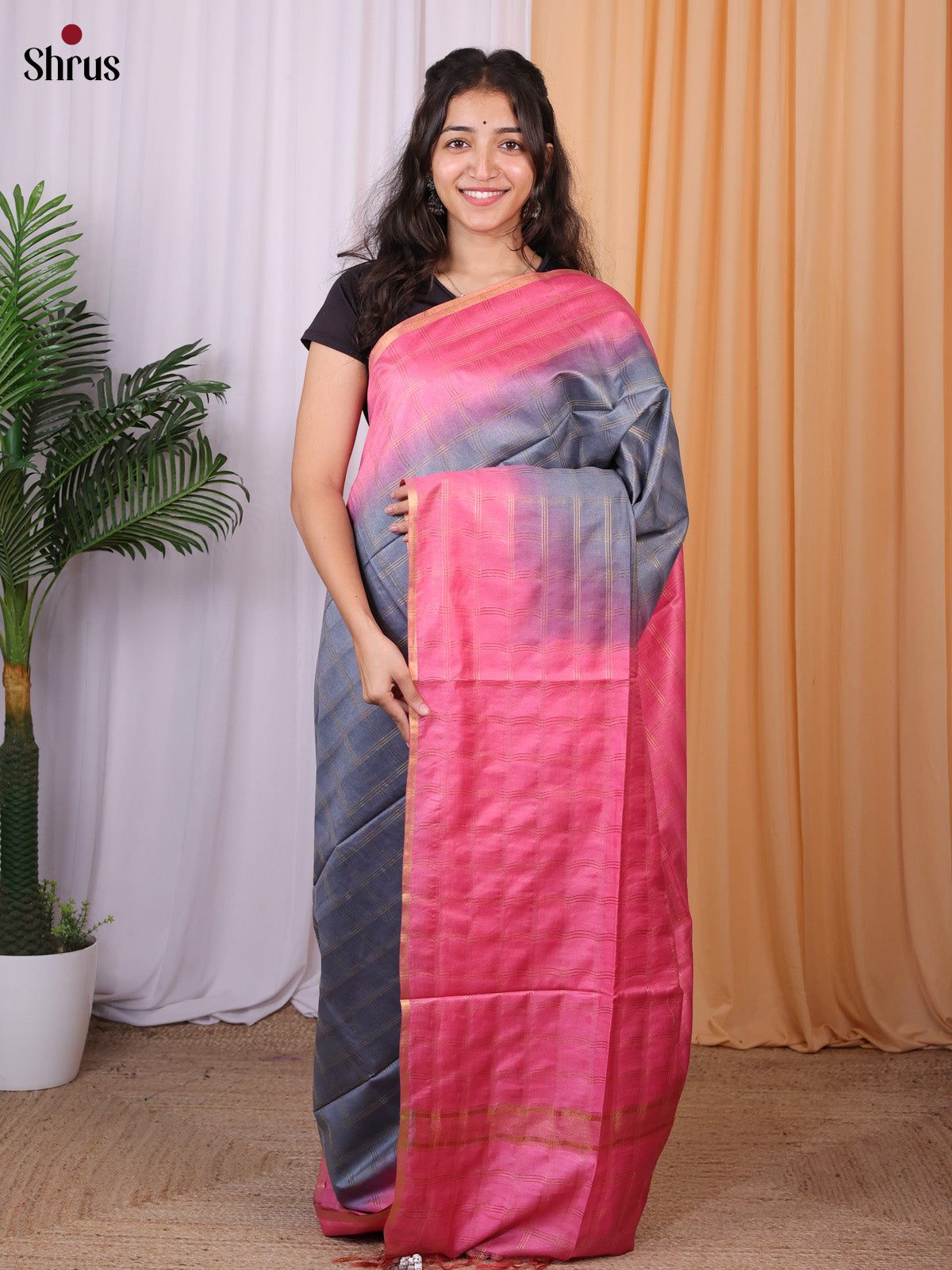 Grey & Pink - Semi Tussar Saree - Shop on Shrus.com