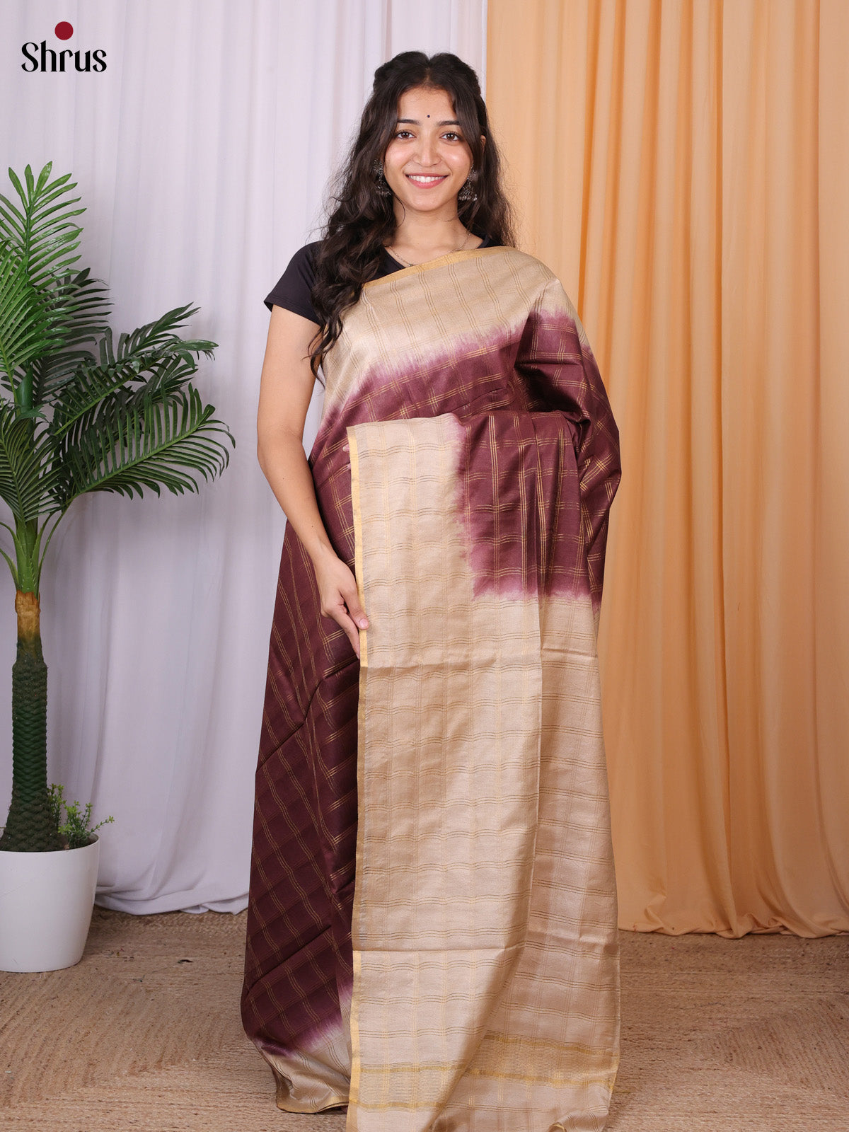 Brown & Cream - Semi Tussar Saree - Shop on Shrus.com