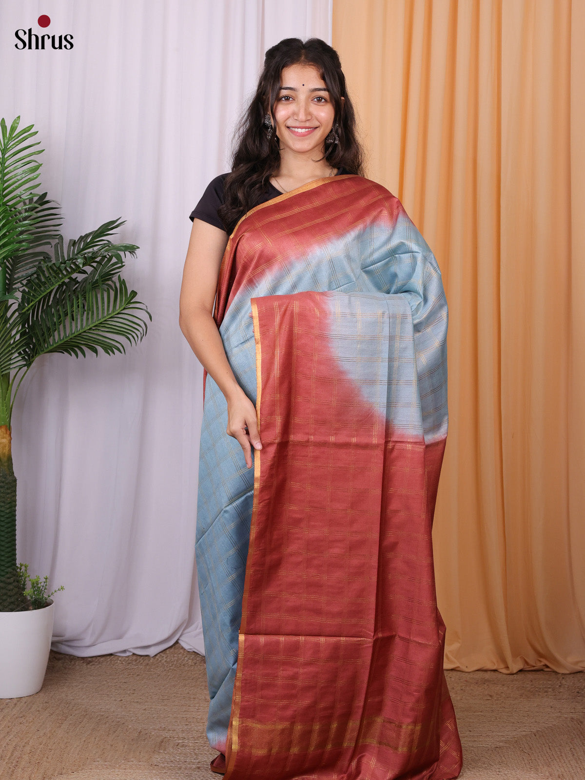 Blue & Red - Semi Tussar Saree - Shop on Shrus.com