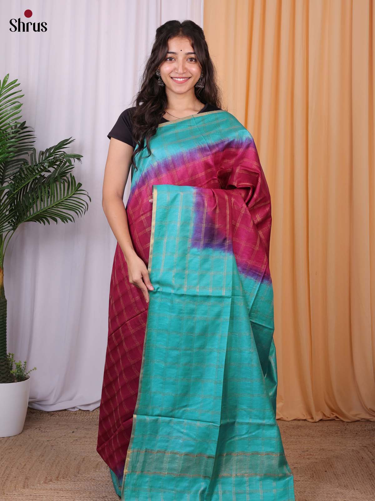 Maroon & Green - Semi Tussar Saree - Shop on Shrus.com