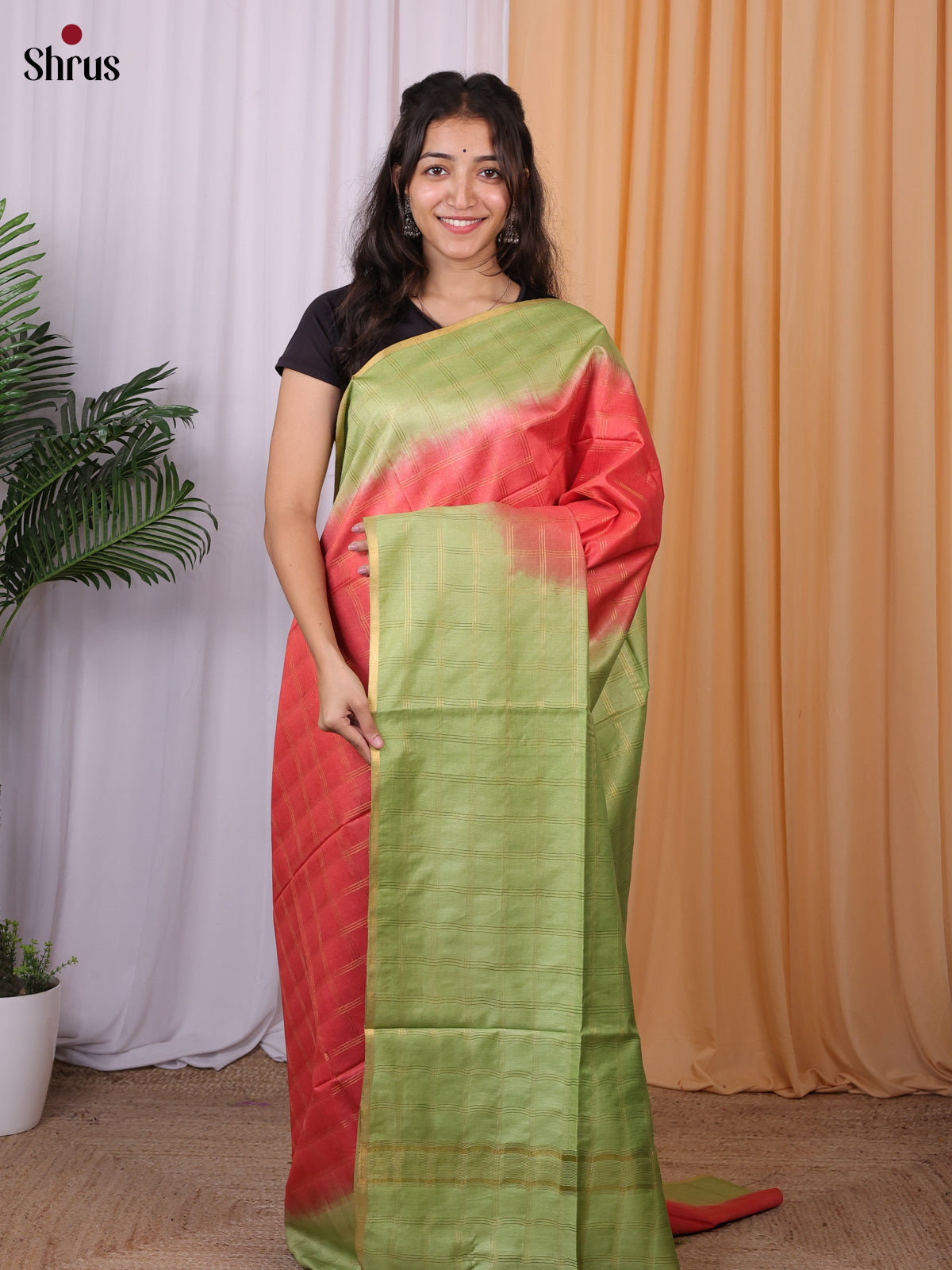 Red & Green - Semi Tussar Saree - Shop on Shrus.com