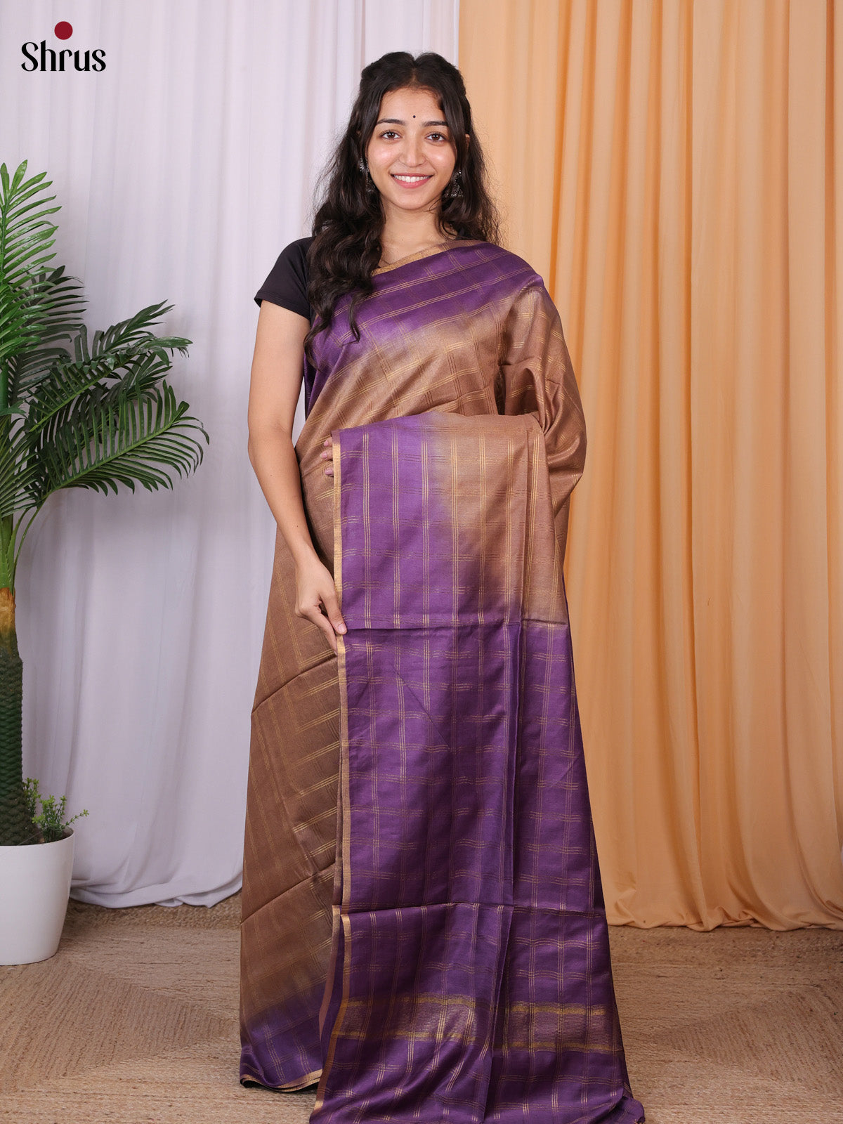 Brown & Purple- Semi Tussar Saree - Shop on Shrus.com
