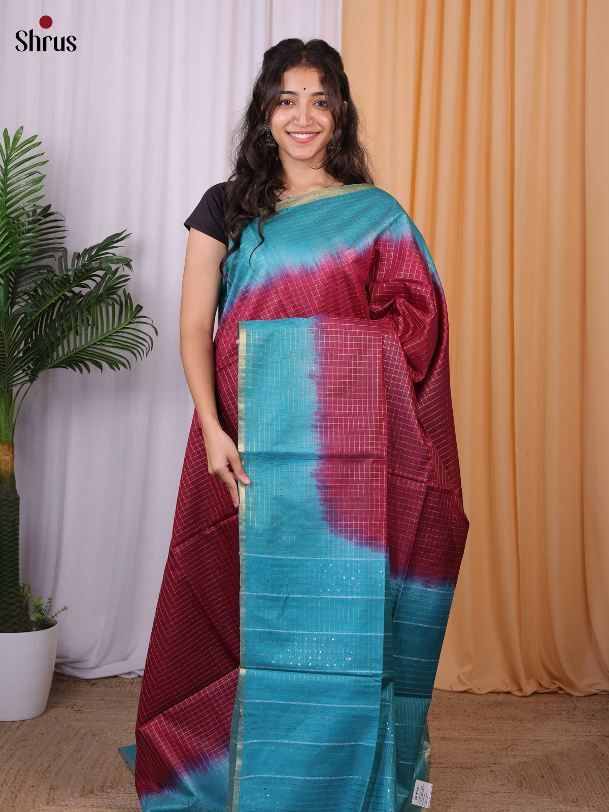 Maroon & Blue - Semi Tussar Saree - Shop on Shrus.com
