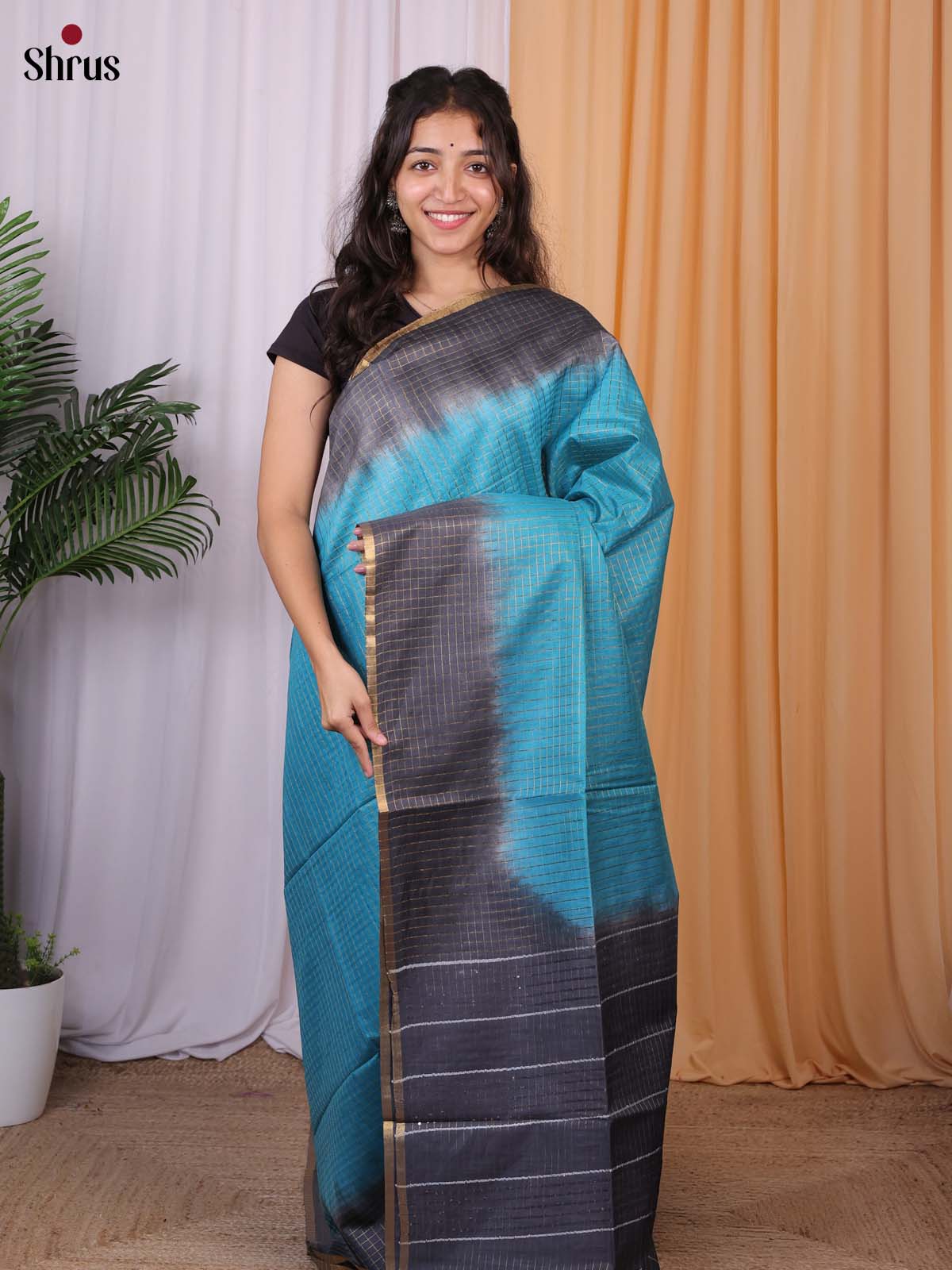 Teal & Blue - Semi Tussar Saree - Shop on Shrus.com