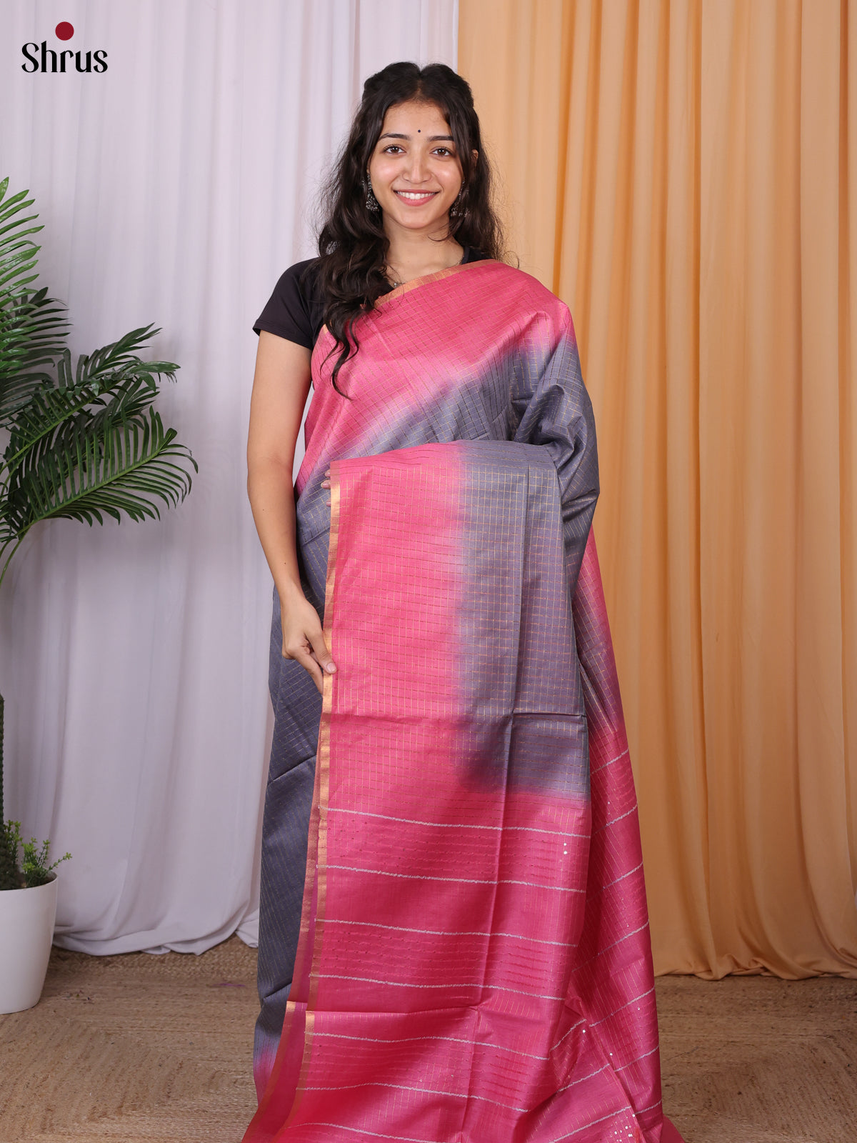 Grey & Pink- Semi Tussar Saree - Shop on Shrus.com