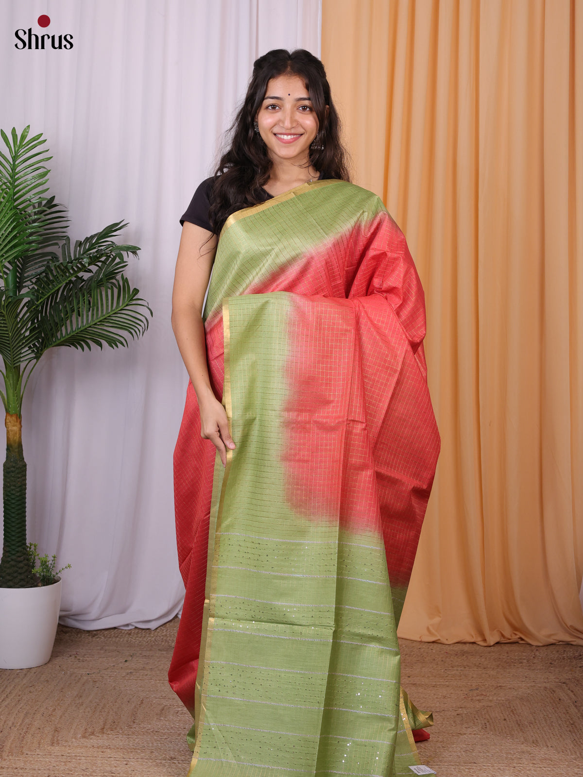 Red & Green- Semi Tussar Saree - Shop on Shrus.com