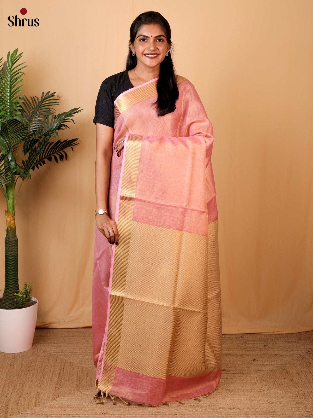 Pink & Gold - Linen Saree - Shop on Shrus.com
