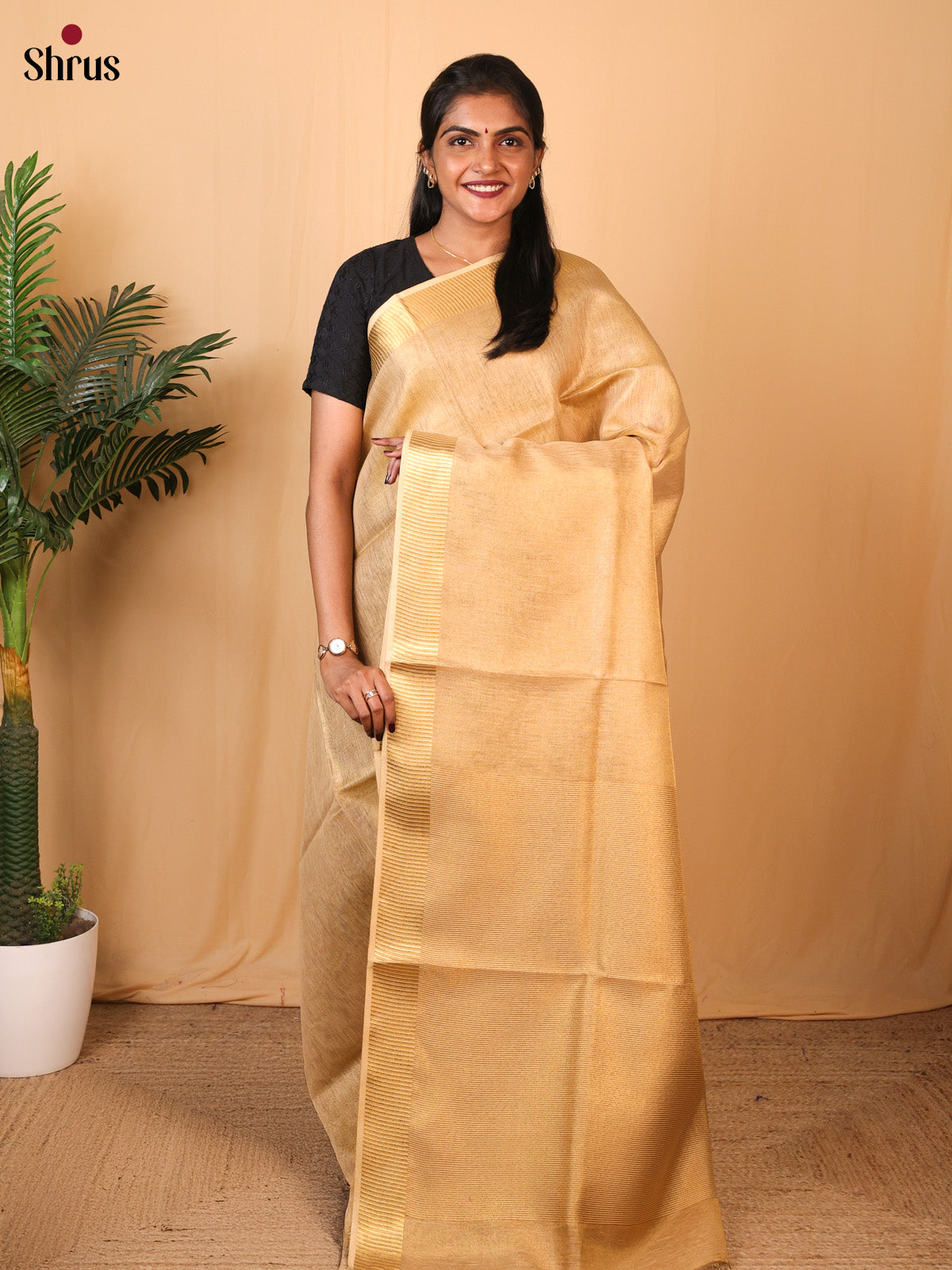 Gold - Linen Saree - Shop on Shrus.com