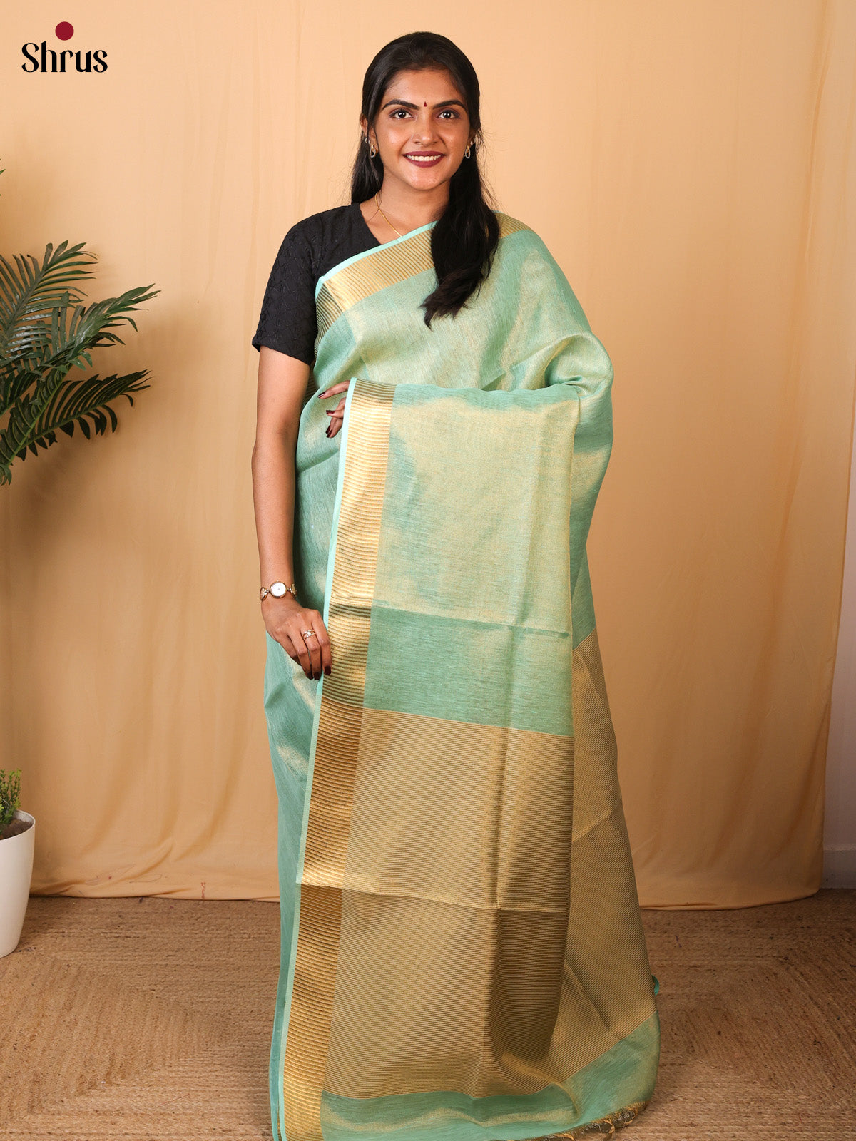 Green & Gold - Linen Saree - Shop on Shrus.com