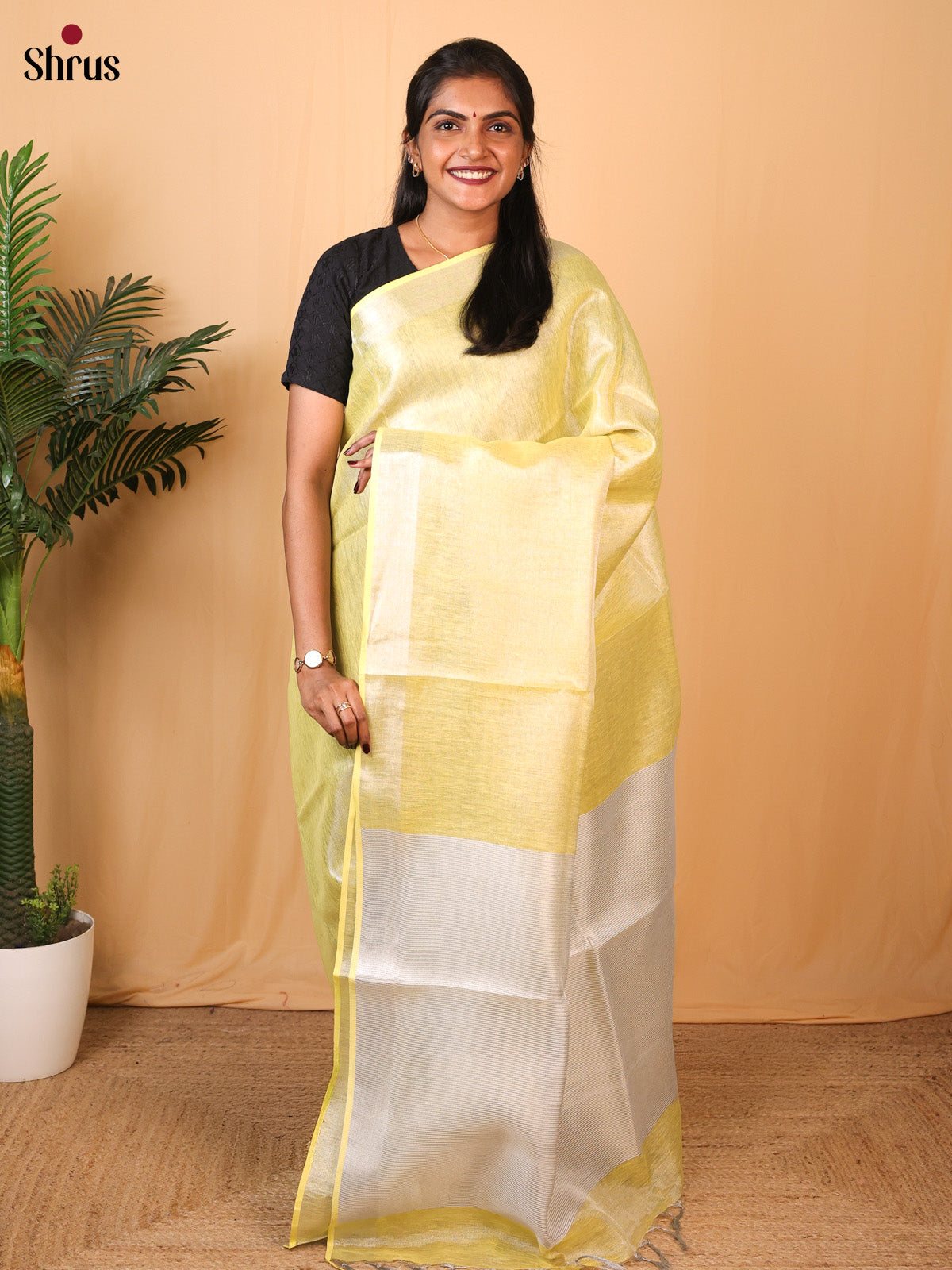Yellow & Silver - Linen Saree - Shop on Shrus.com