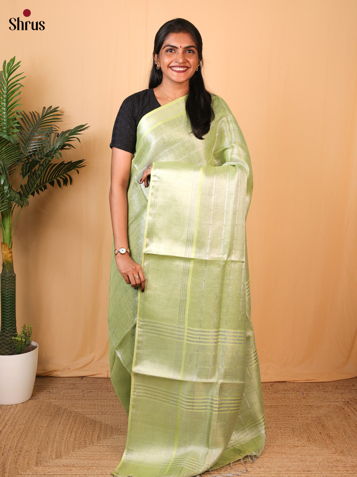 Green - Linen Saree - Shop on Shrus.com