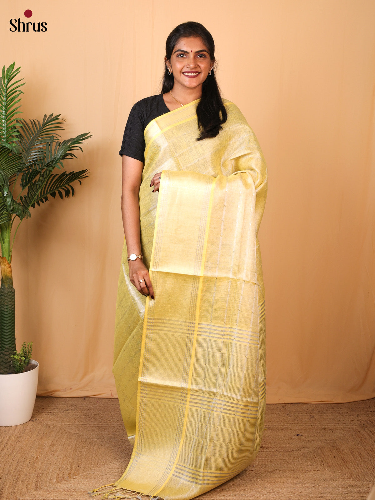 Yellow - Linen Saree - Shop on Shrus.com