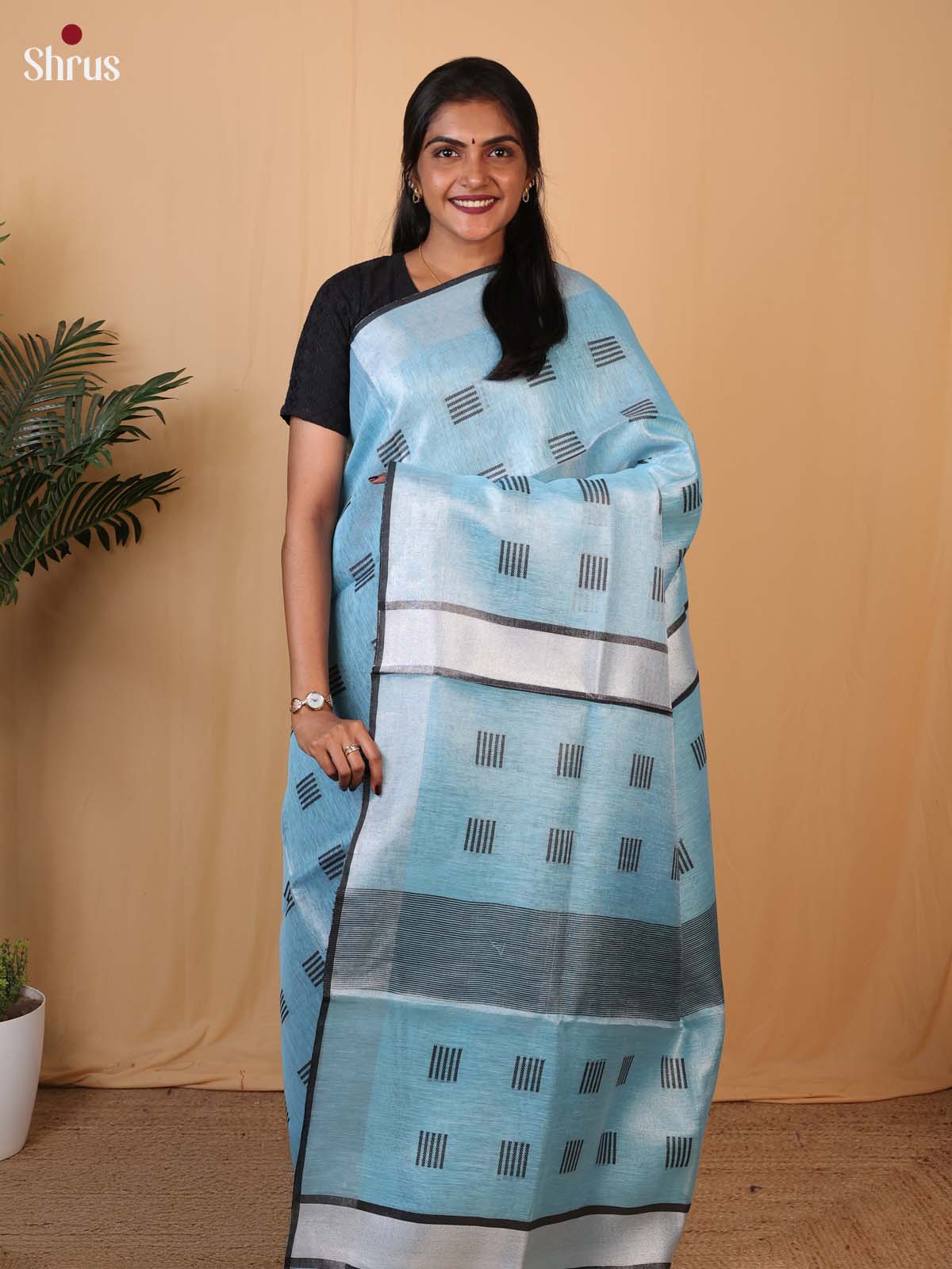 Blue - Linen Saree - Shop on Shrus.com