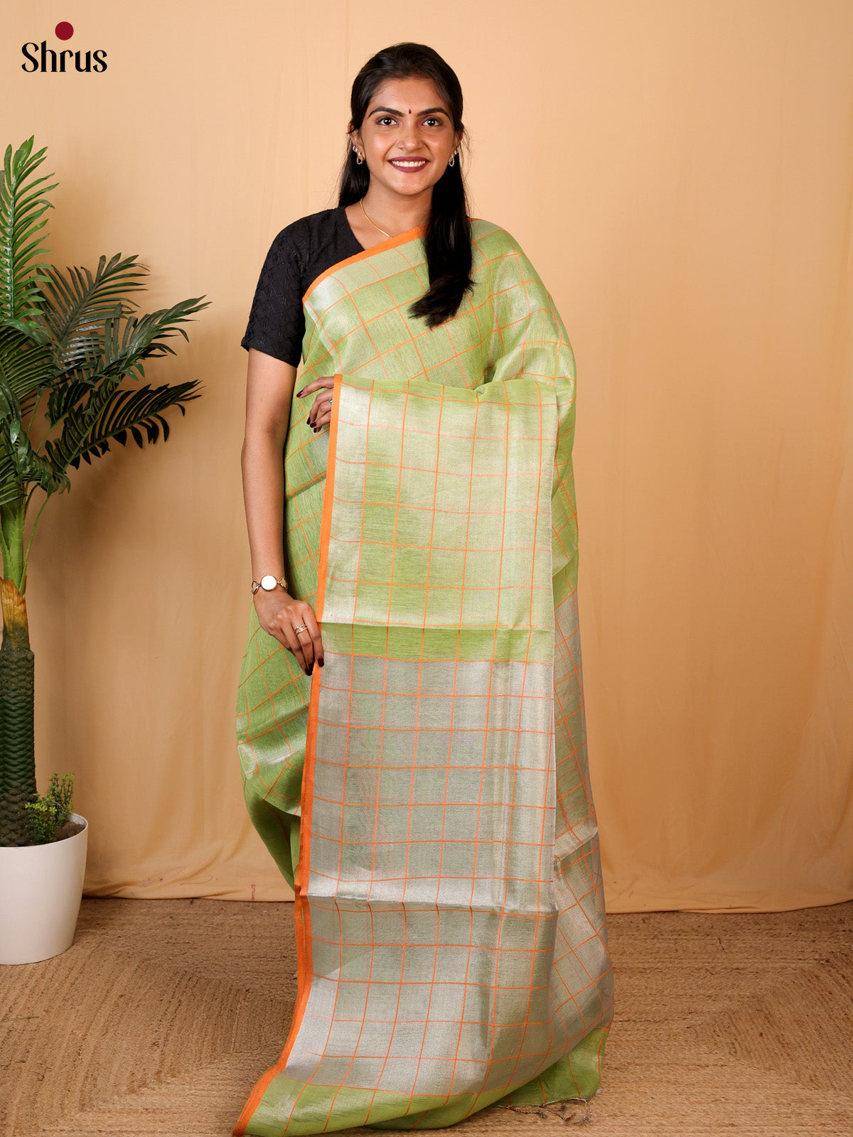 Green - Linen Saree - Shop on Shrus.com