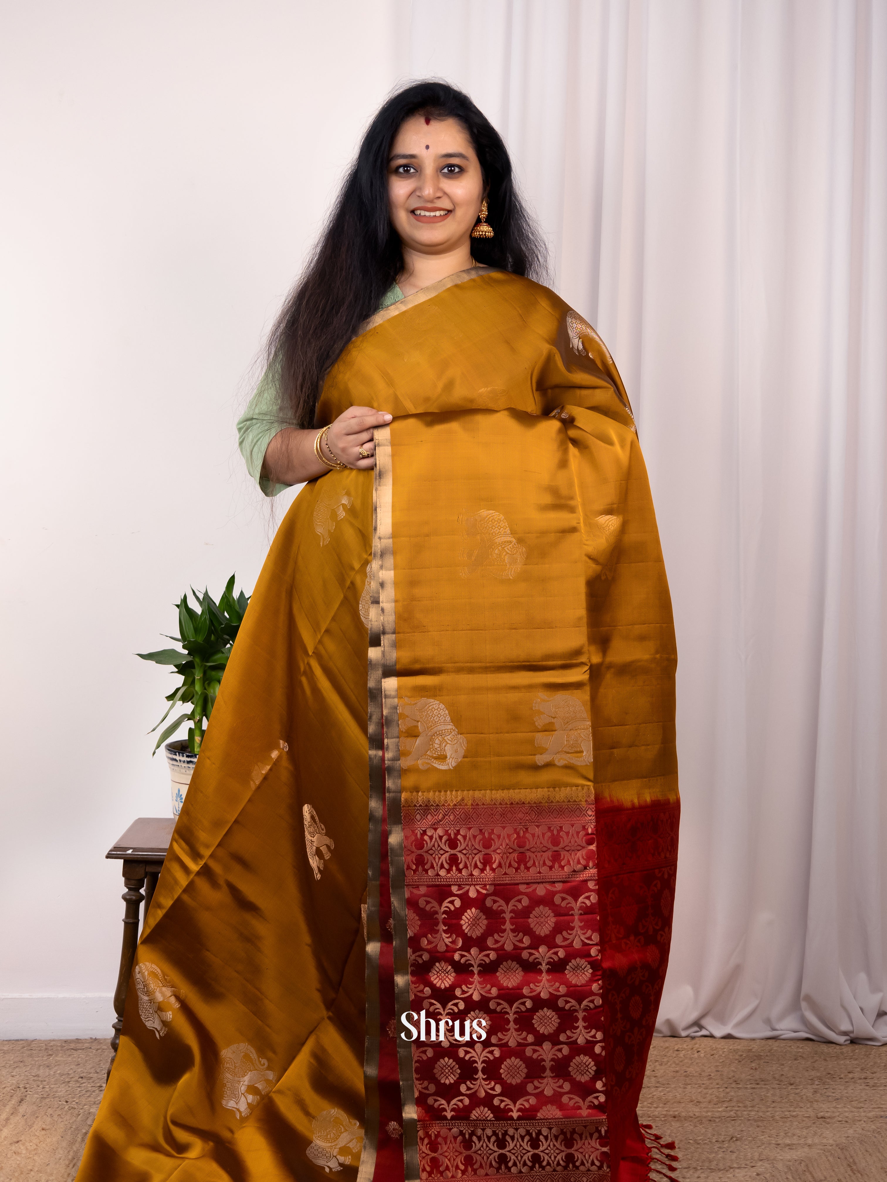 Mustard & Maroon- Soft Silk Saree - Shop on Shrus.com