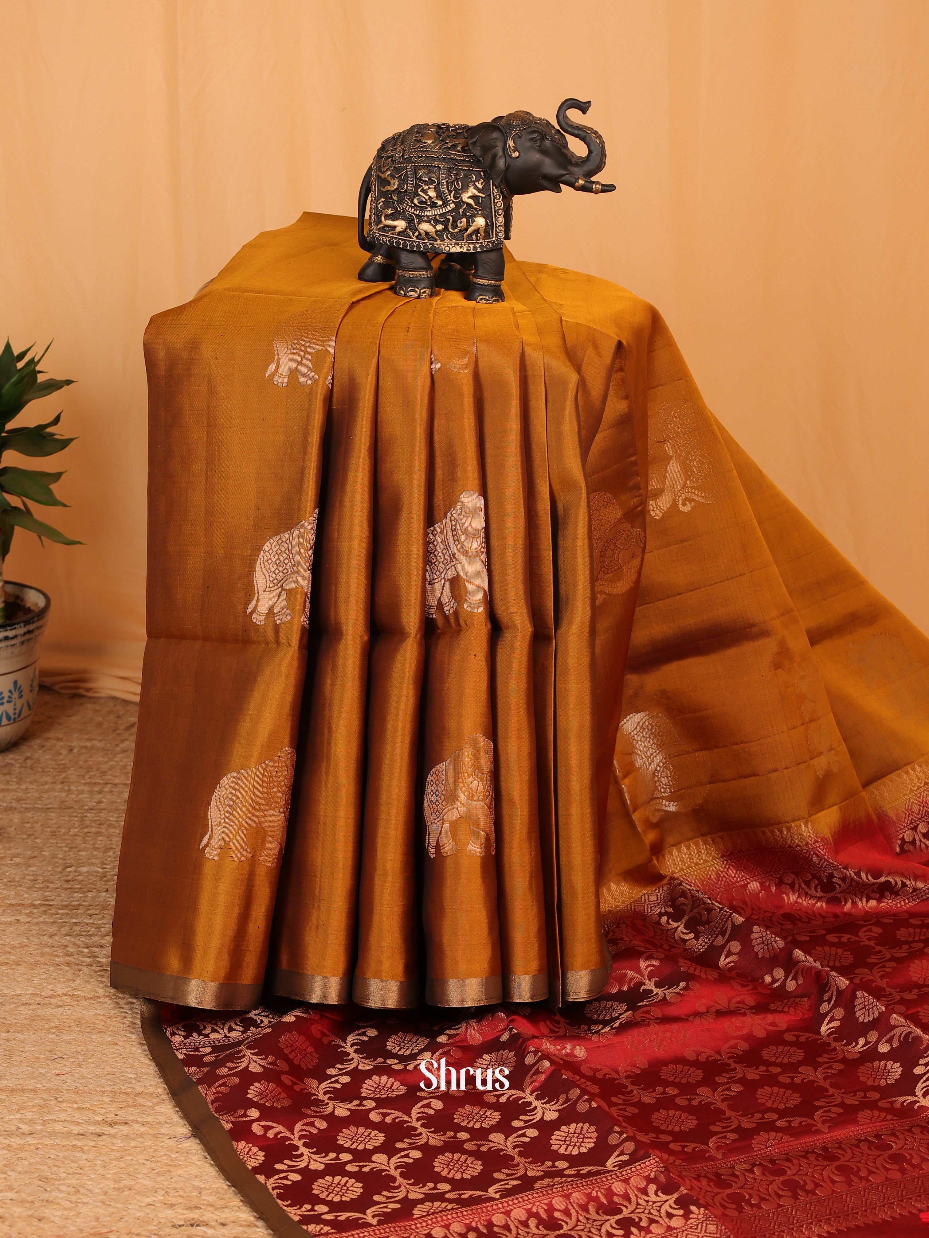 Mustard & Maroon- Soft Silk Saree - Shop on Shrus.com