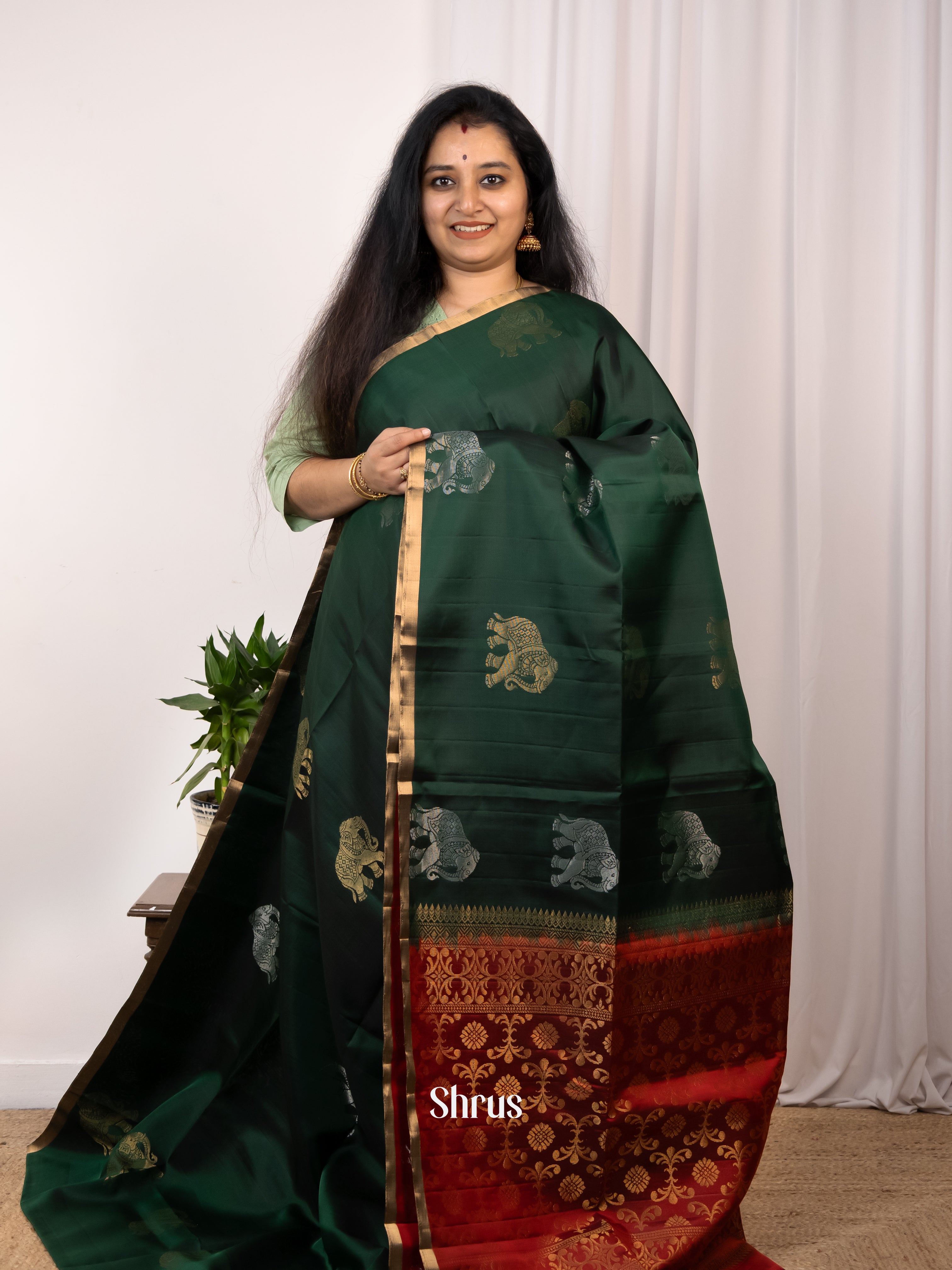 Dark Green & Maroon - Soft Silk Saree - Shop on Shrus.com