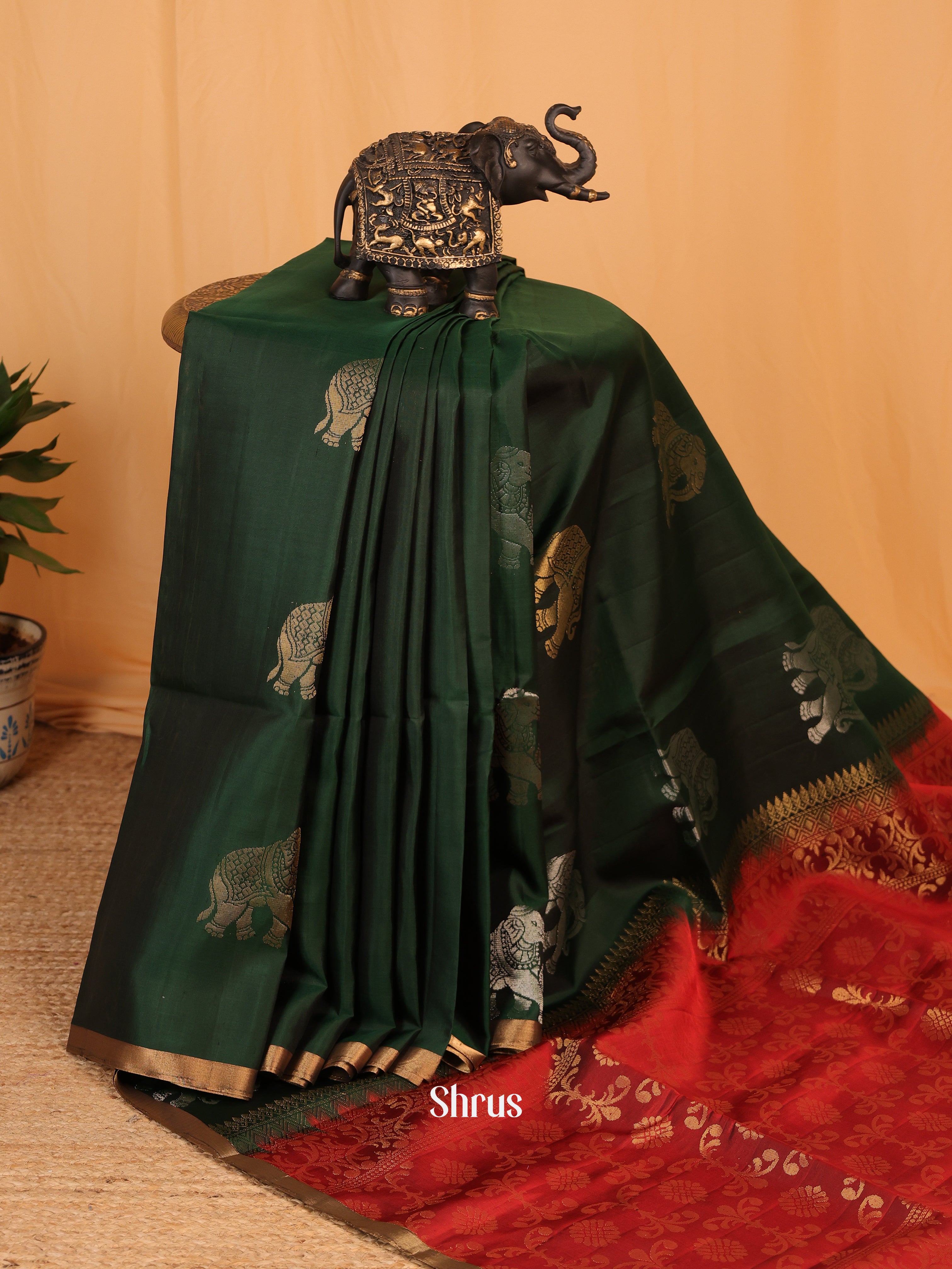 Dark Green & Maroon - Soft Silk Saree - Shop on Shrus.com