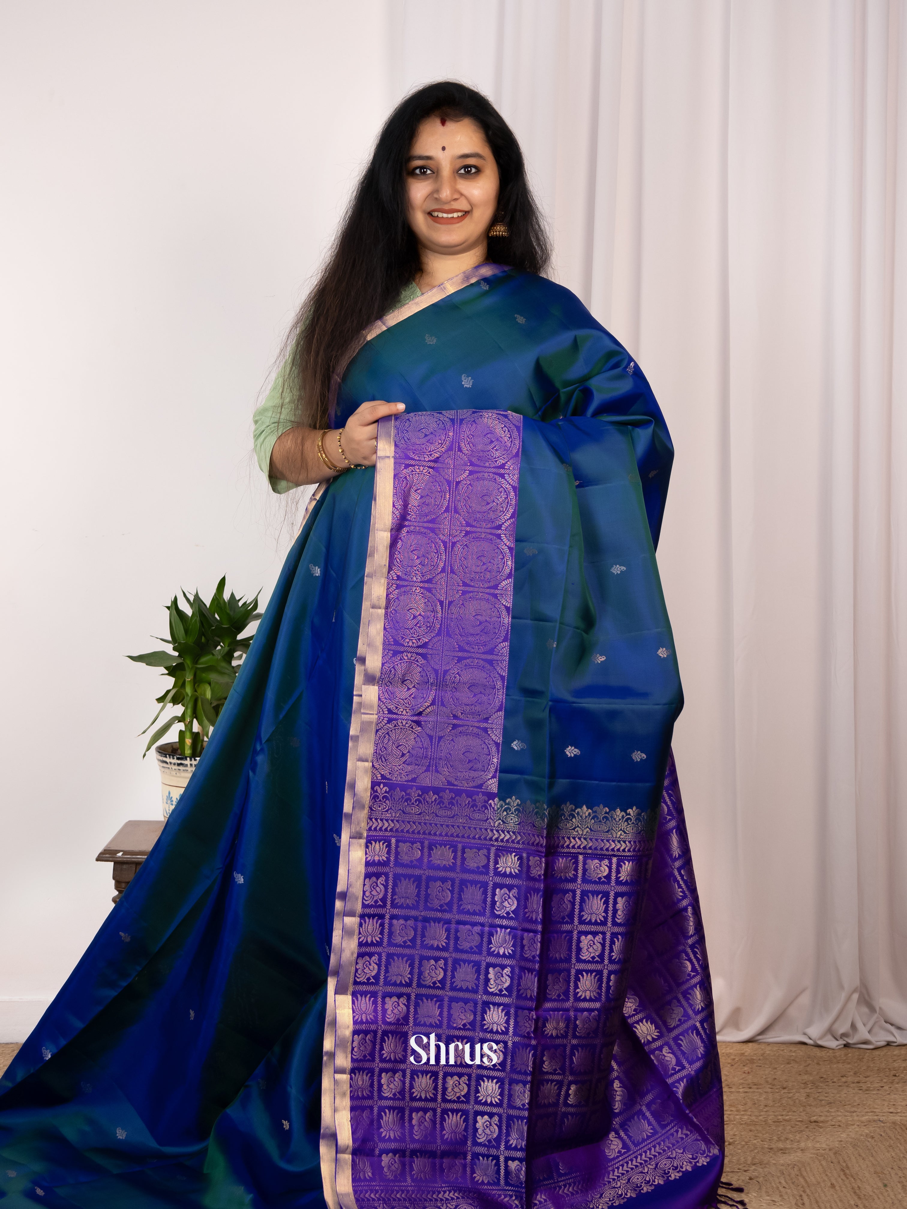 Peacock Blue & Purple - Soft Silk Saree - Shop on Shrus.com