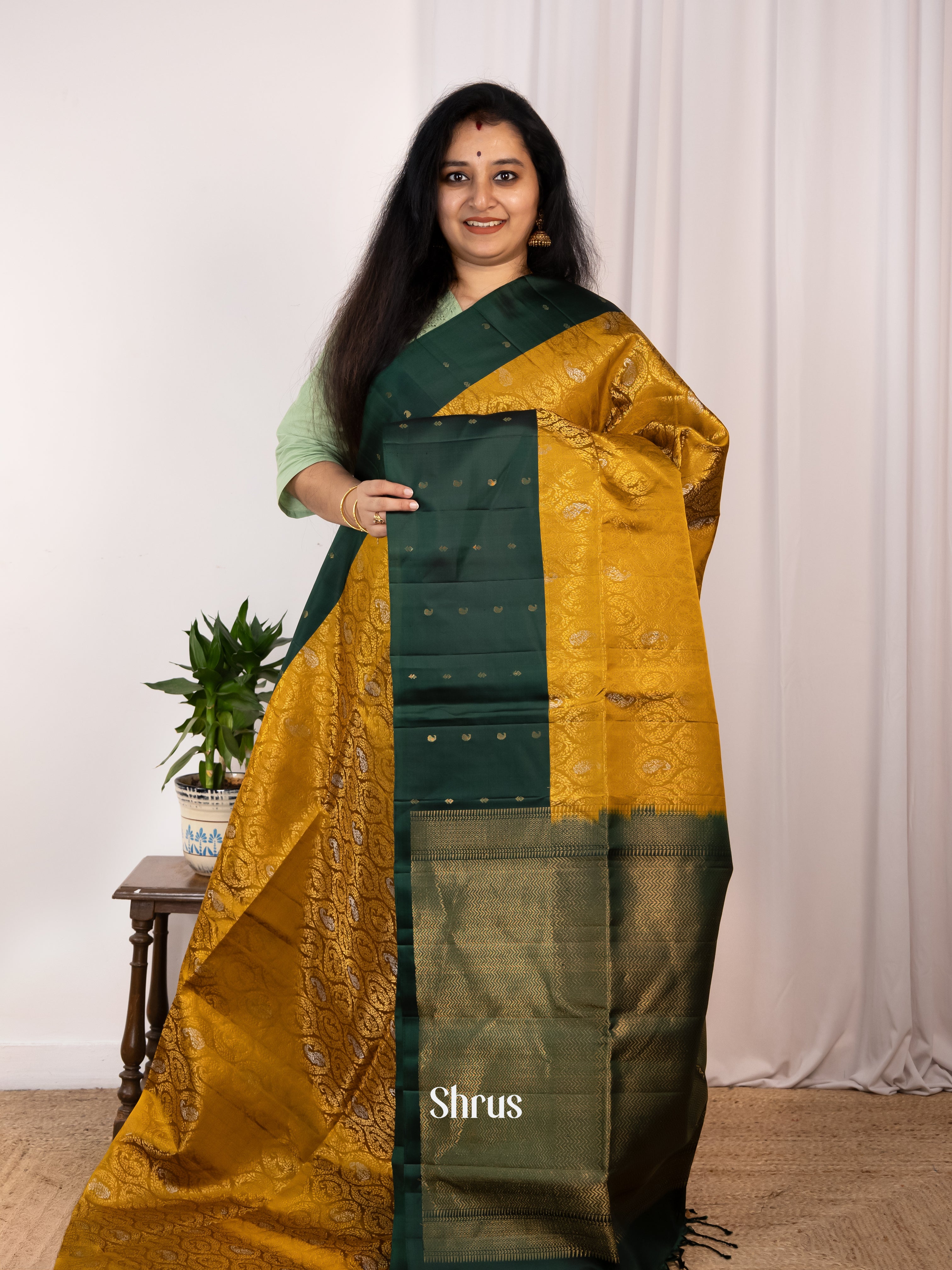 Mustard & Green - Soft Silk Saree - Shop on Shrus.com