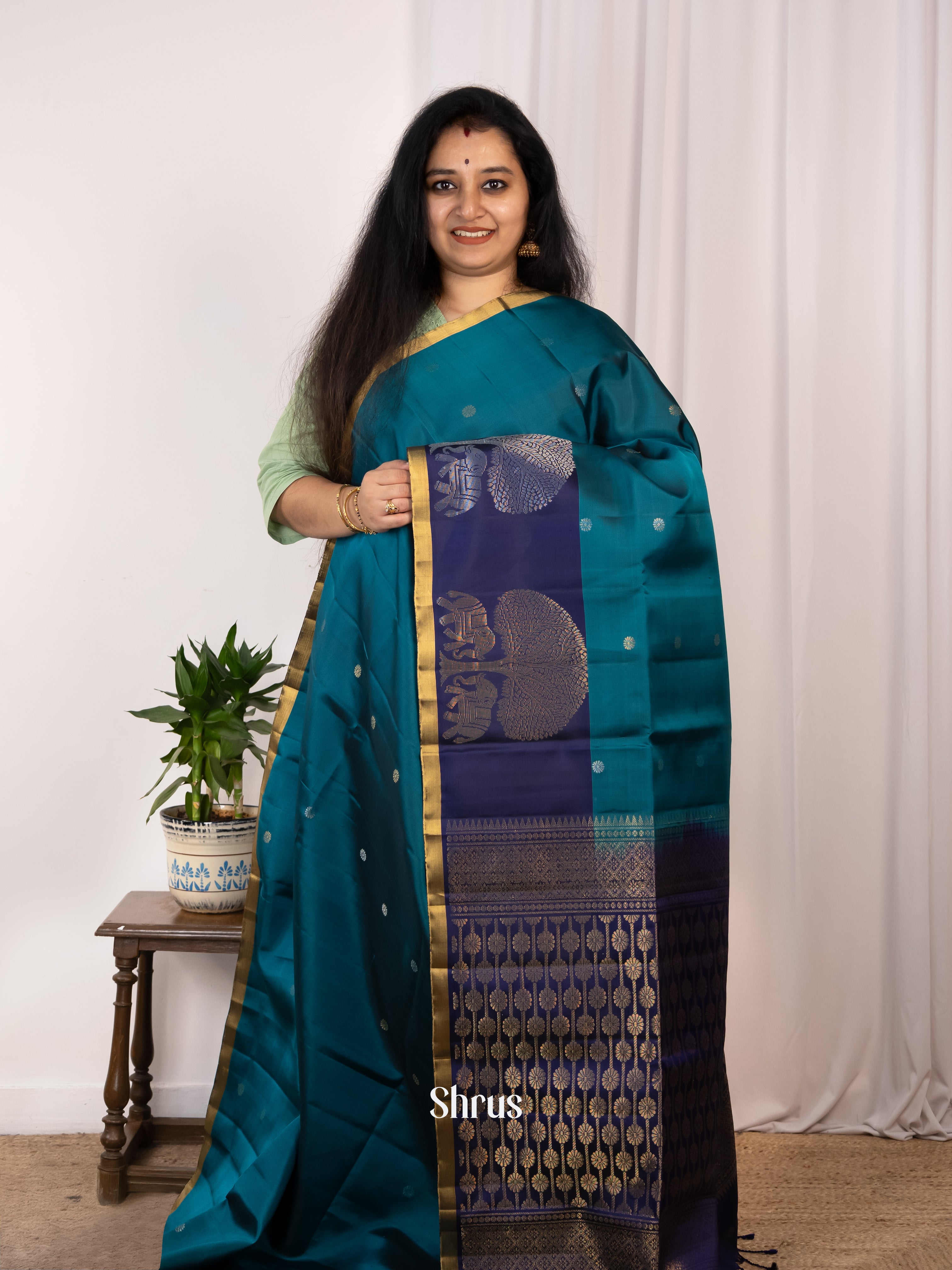 Teal & Blue - Soft Silk Saree - Shop on Shrus.com