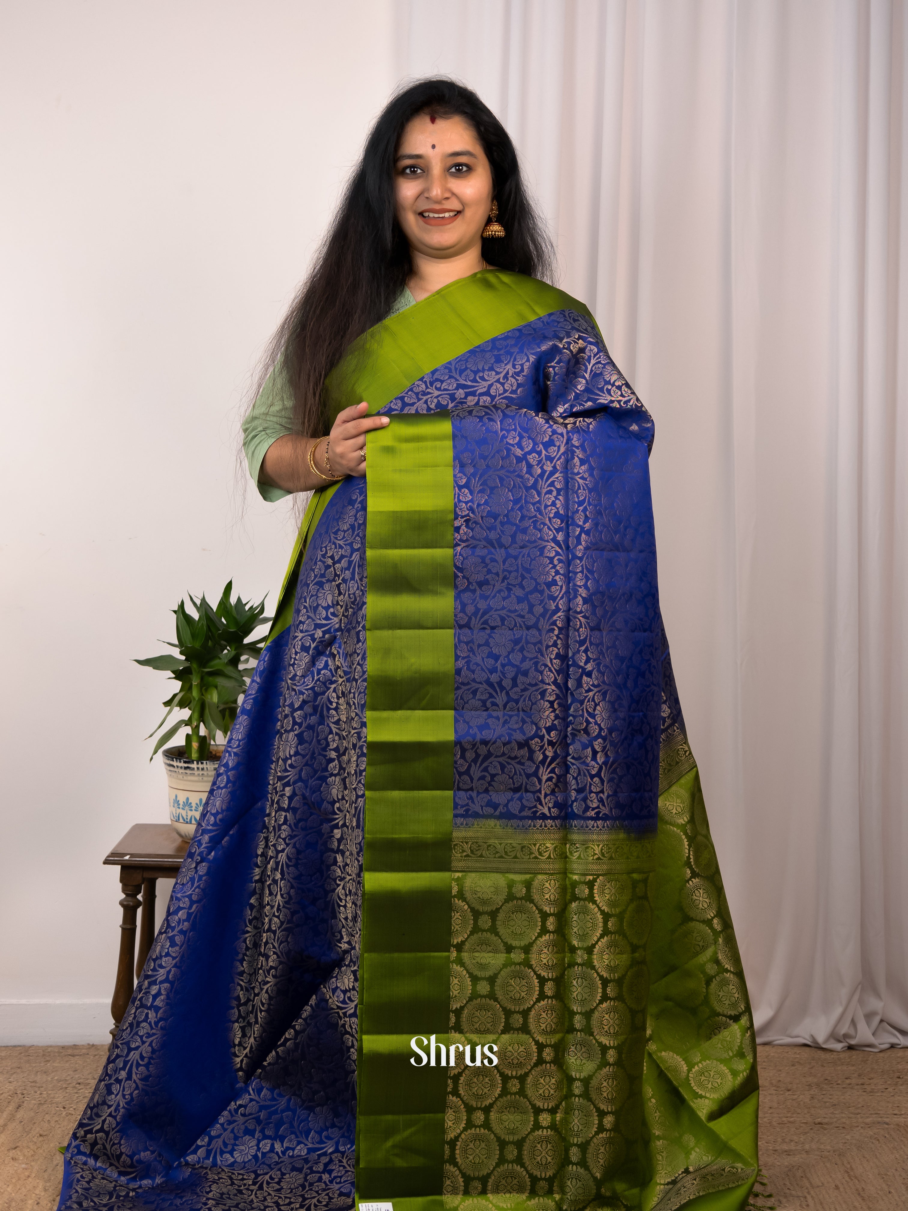 Regal Blue Soft Silk Saree with Zari Brocade Nestling, Green Border & Rich Brocade Pallu-1