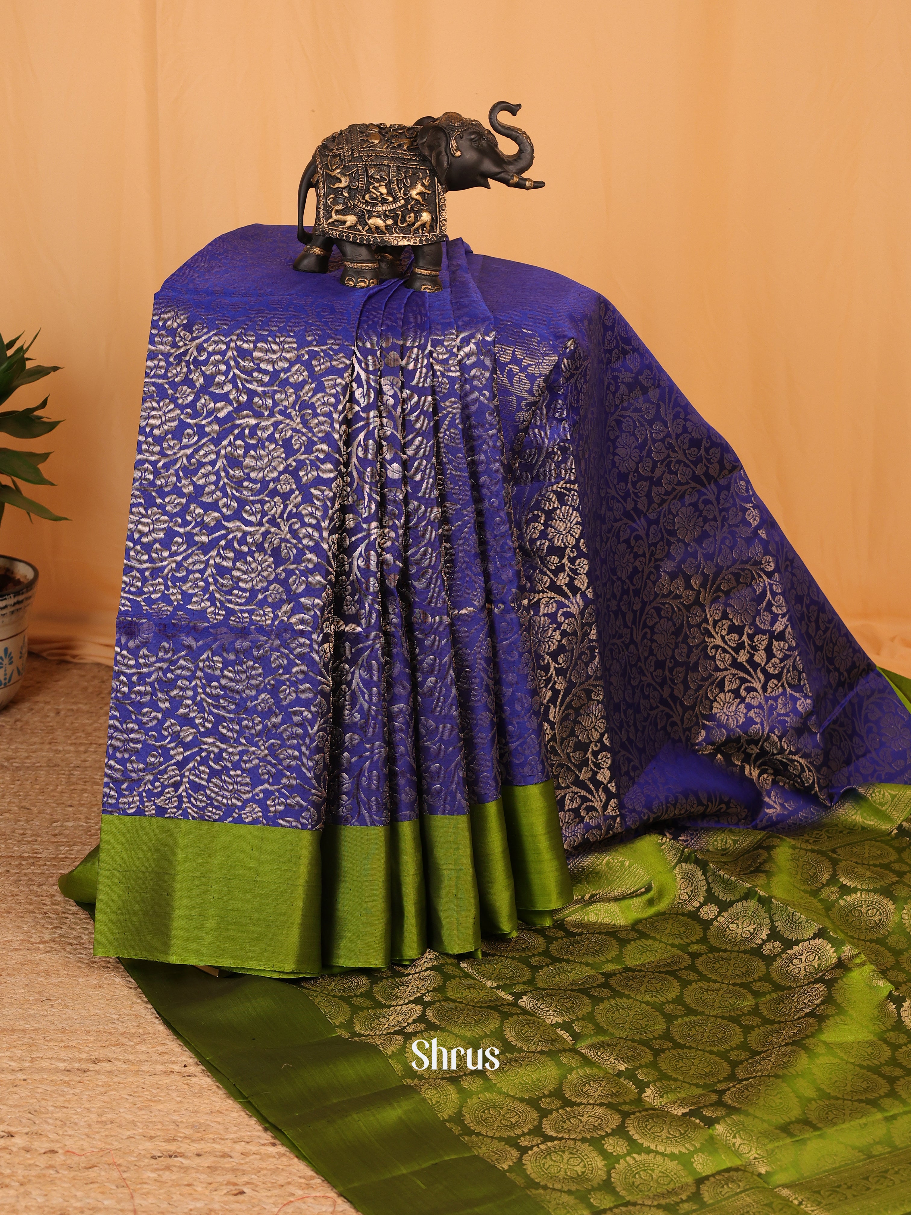 Regal Blue Soft Silk Saree with Zari Brocade Nestling, Green Border & Rich Brocade Pallu-2