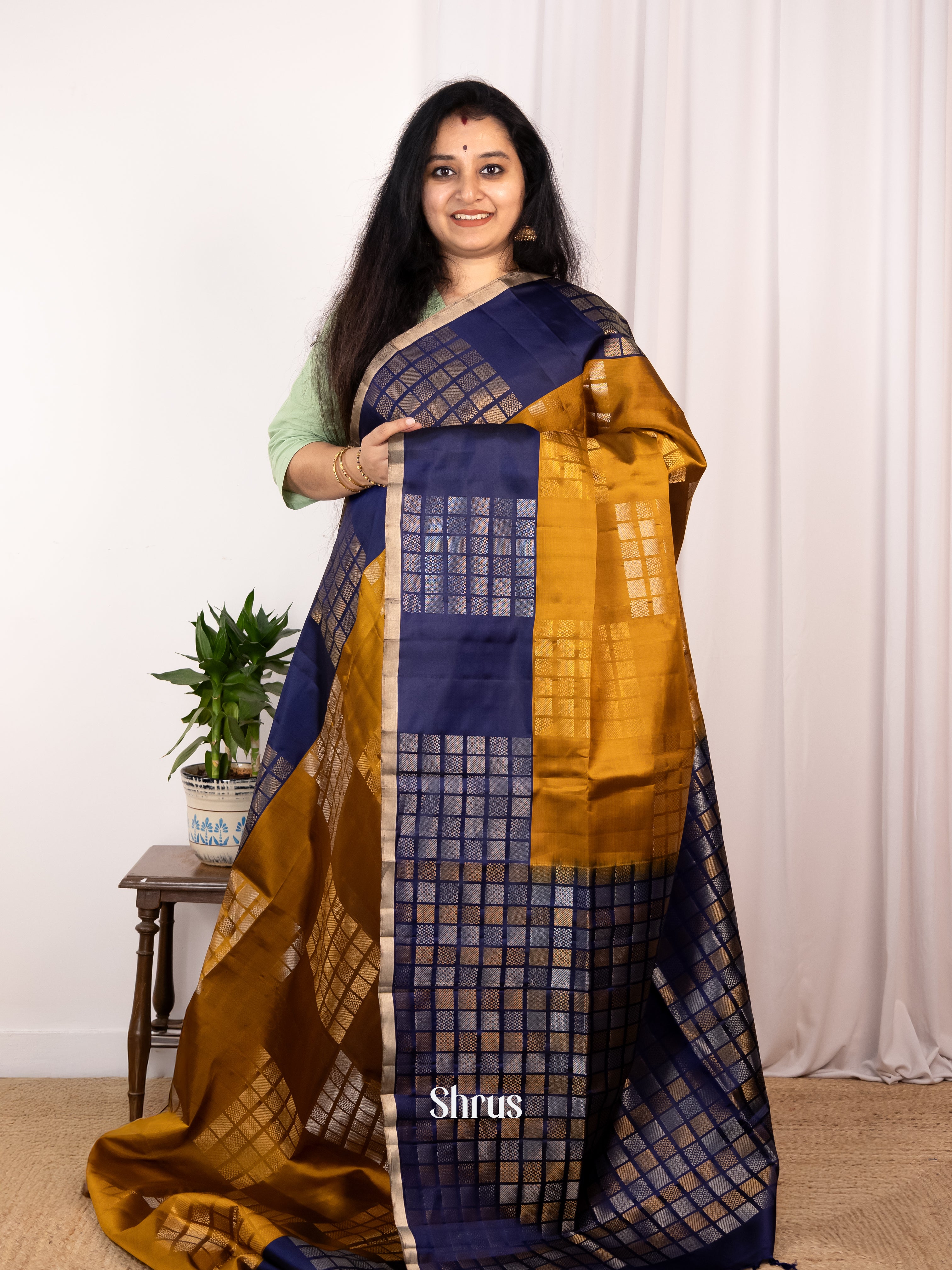 Mustard & Blue - Soft Silk Saree - Shop on Shrus.com