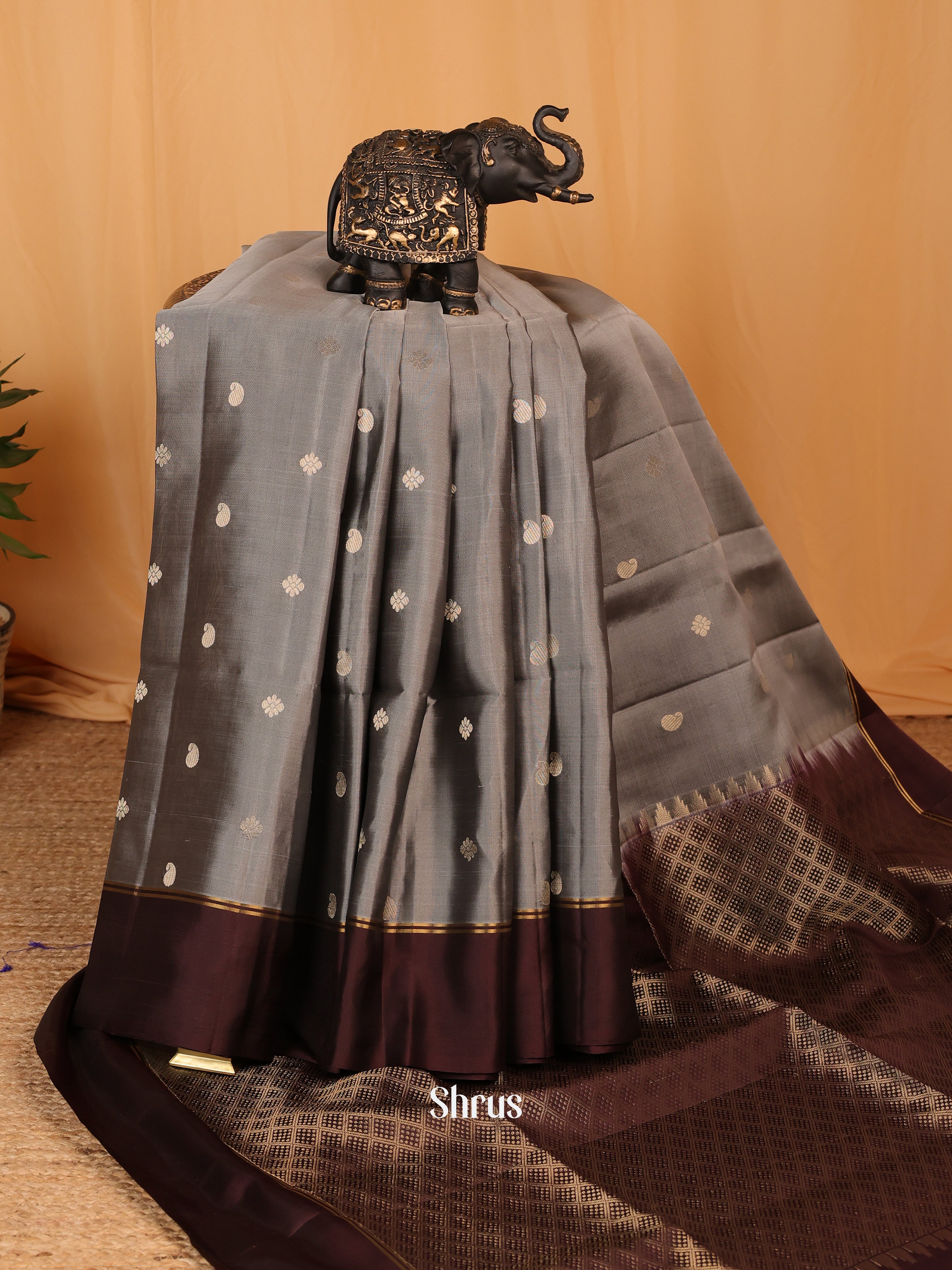 Grey & Brown - Soft Silk Saree - Shop on Shrus.com
