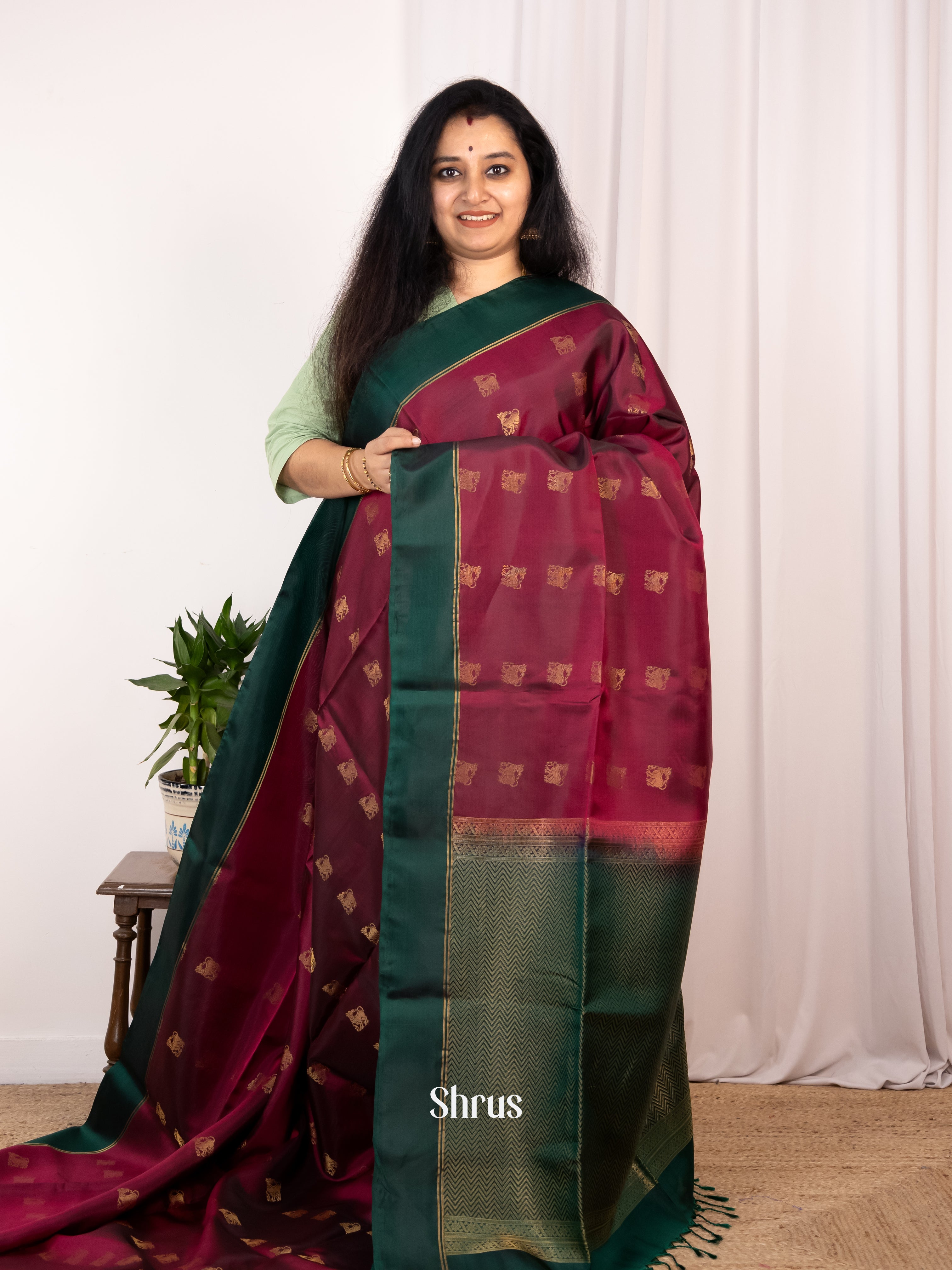Maroon & Green - Soft Silk Saree - Shop on Shrus.com