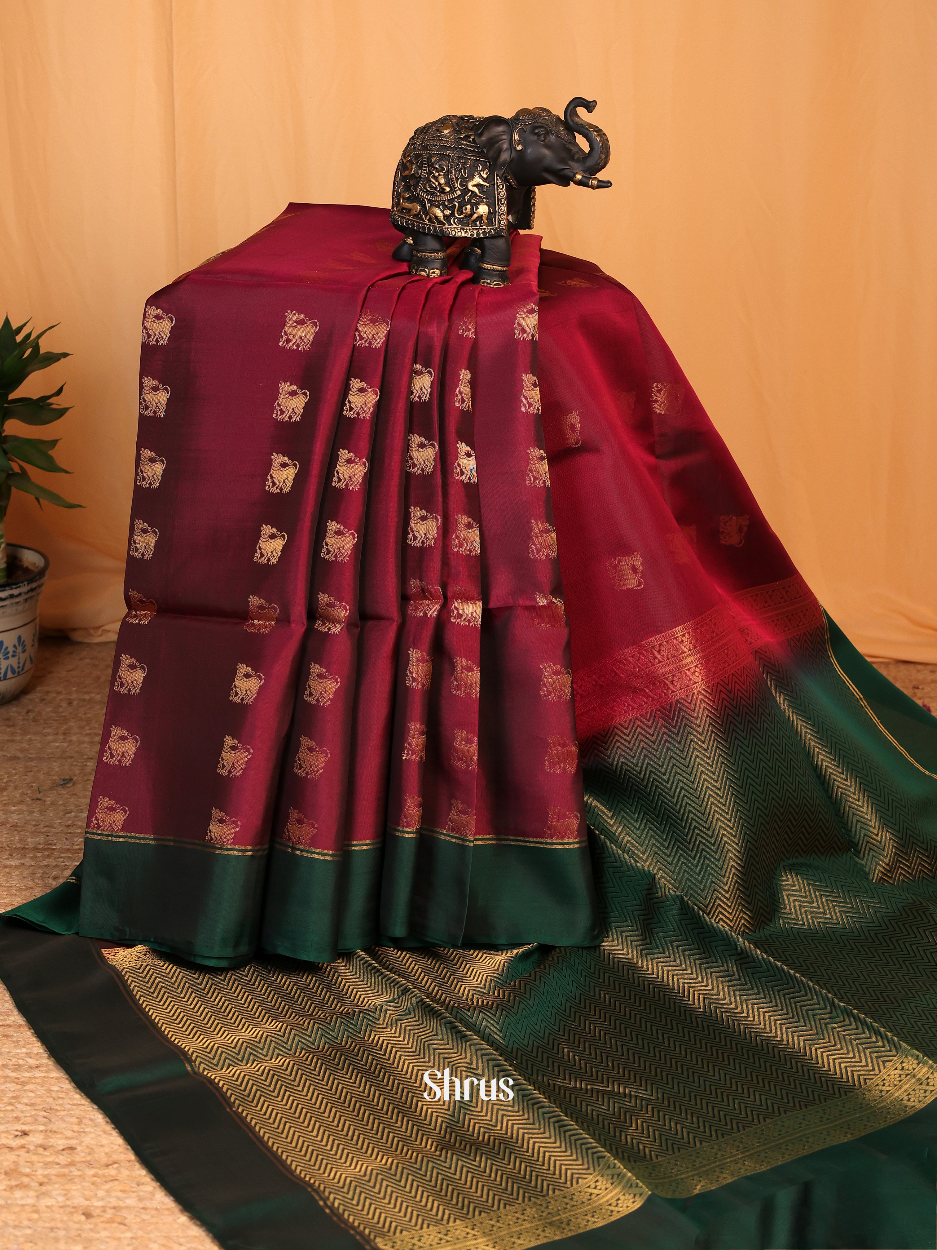 Maroon & Green - Soft Silk Saree - Shop on Shrus.com