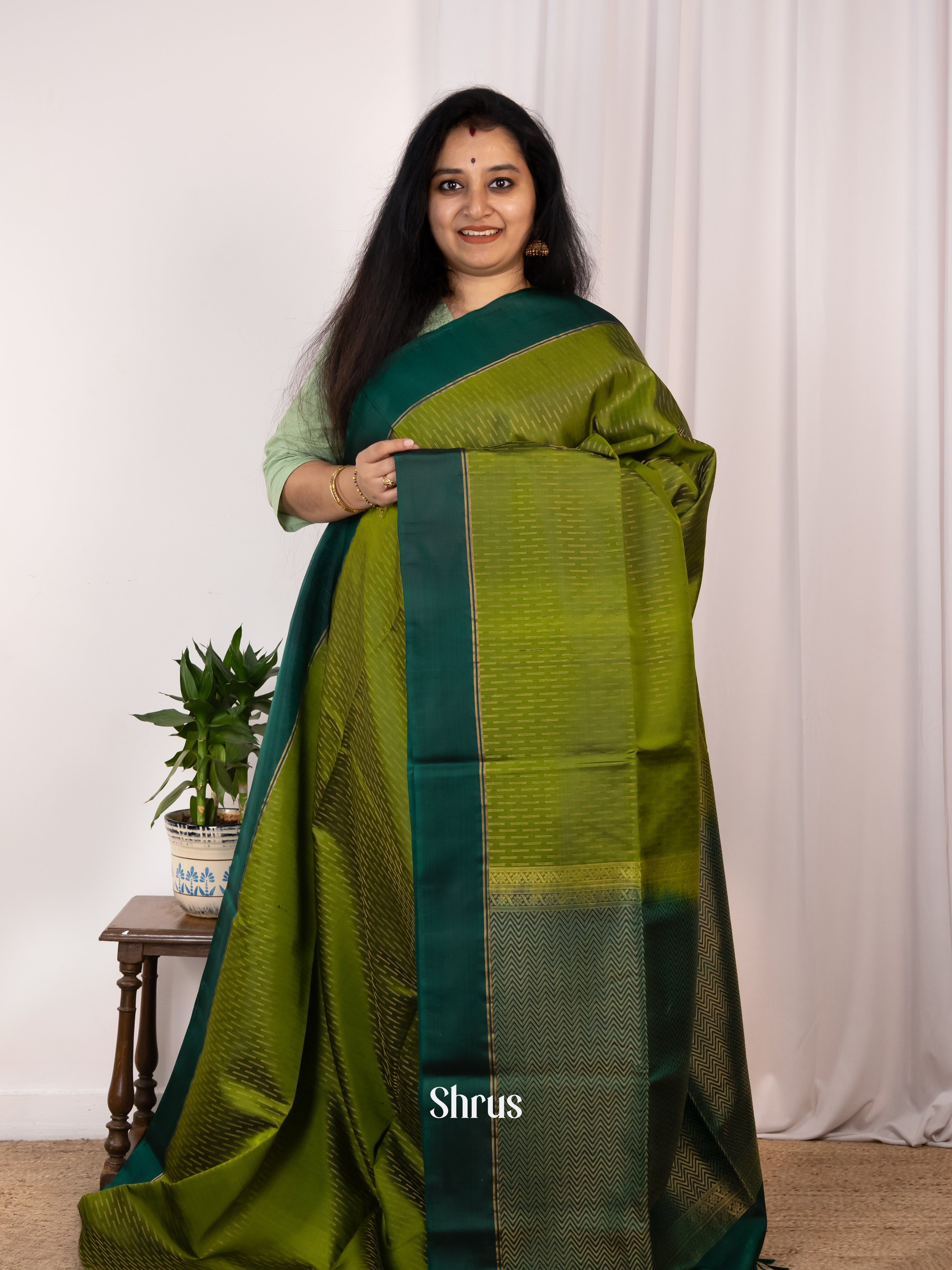 Leaf Green & Green - Soft Silk Saree - Shop on Shrus.com