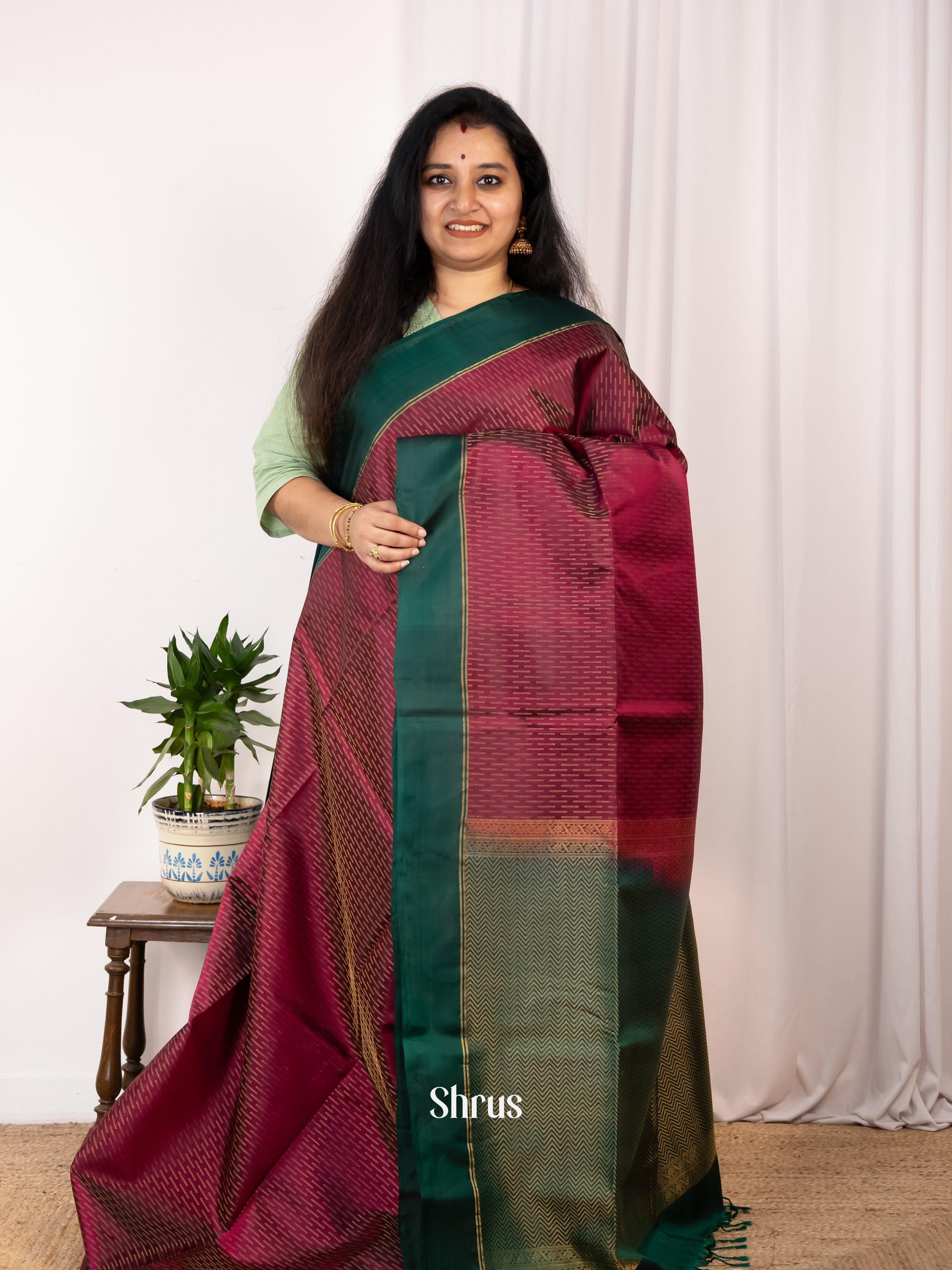 Maroon & Green - Soft silk Saree - Shop on Shrus.com