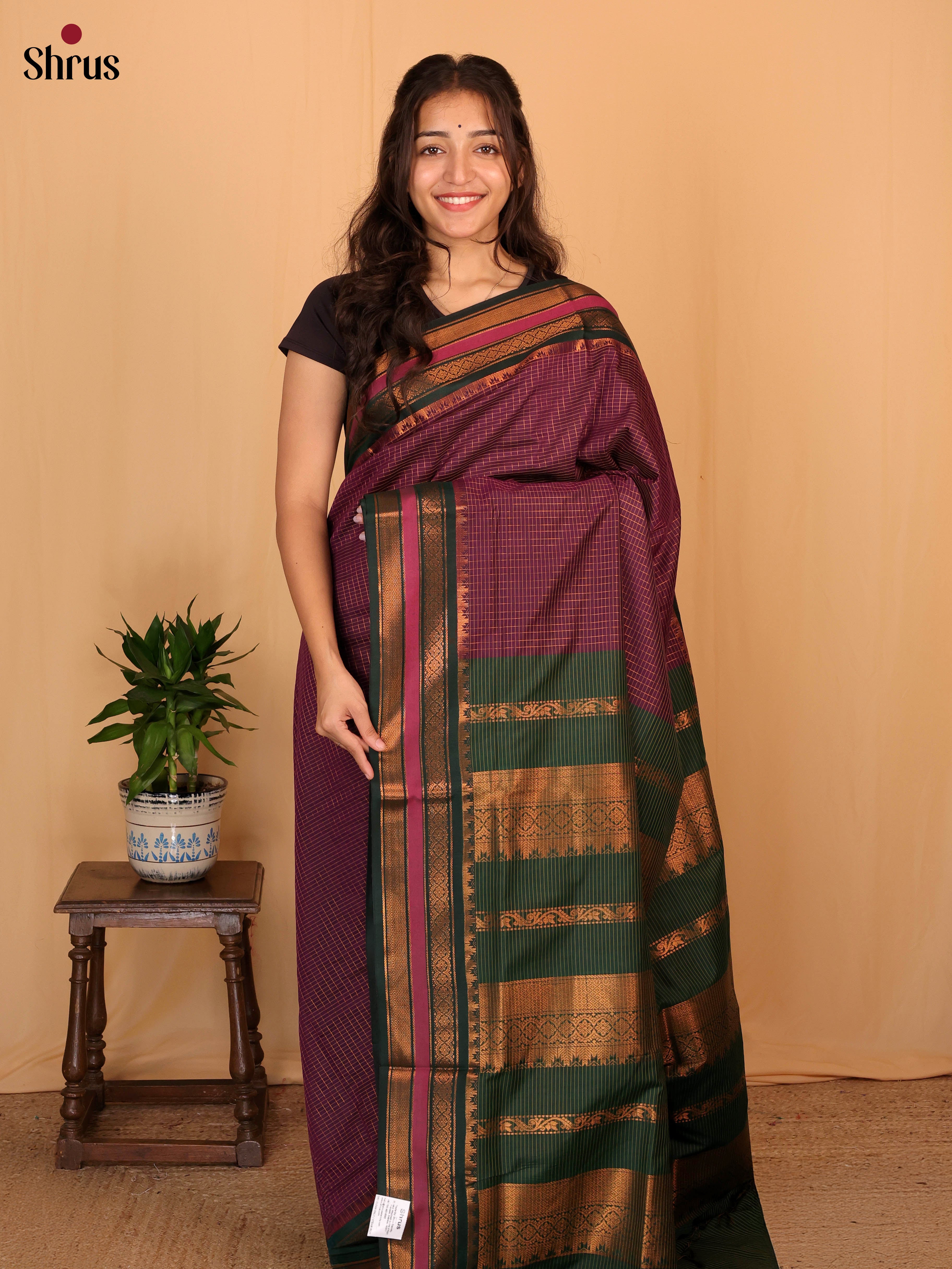 Purple & Green - Kalyani Cotton Saree - Shop on Shrus.com