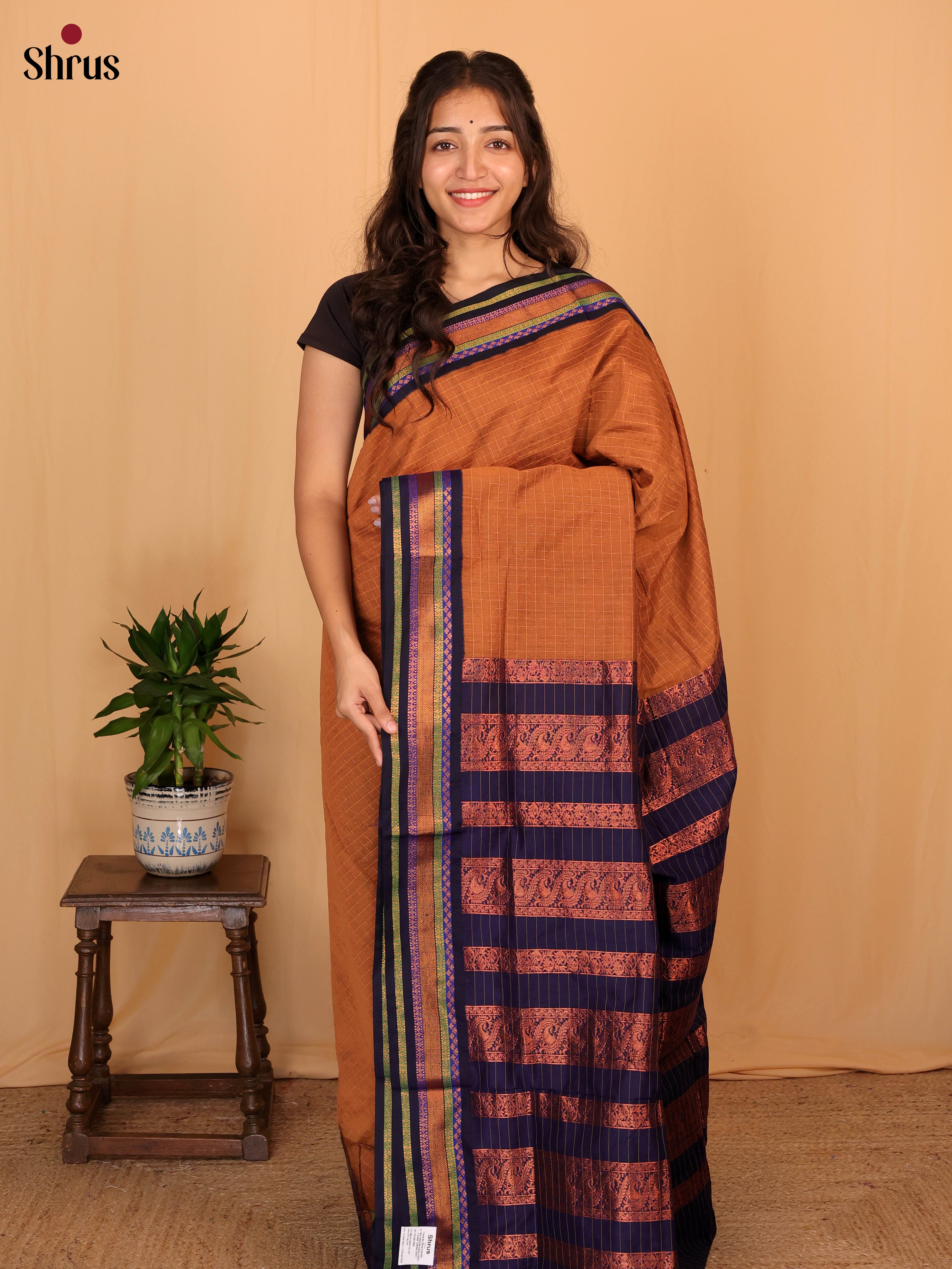 Brown & Blue - Kalyani Cotton Saree - Shop on Shrus.com