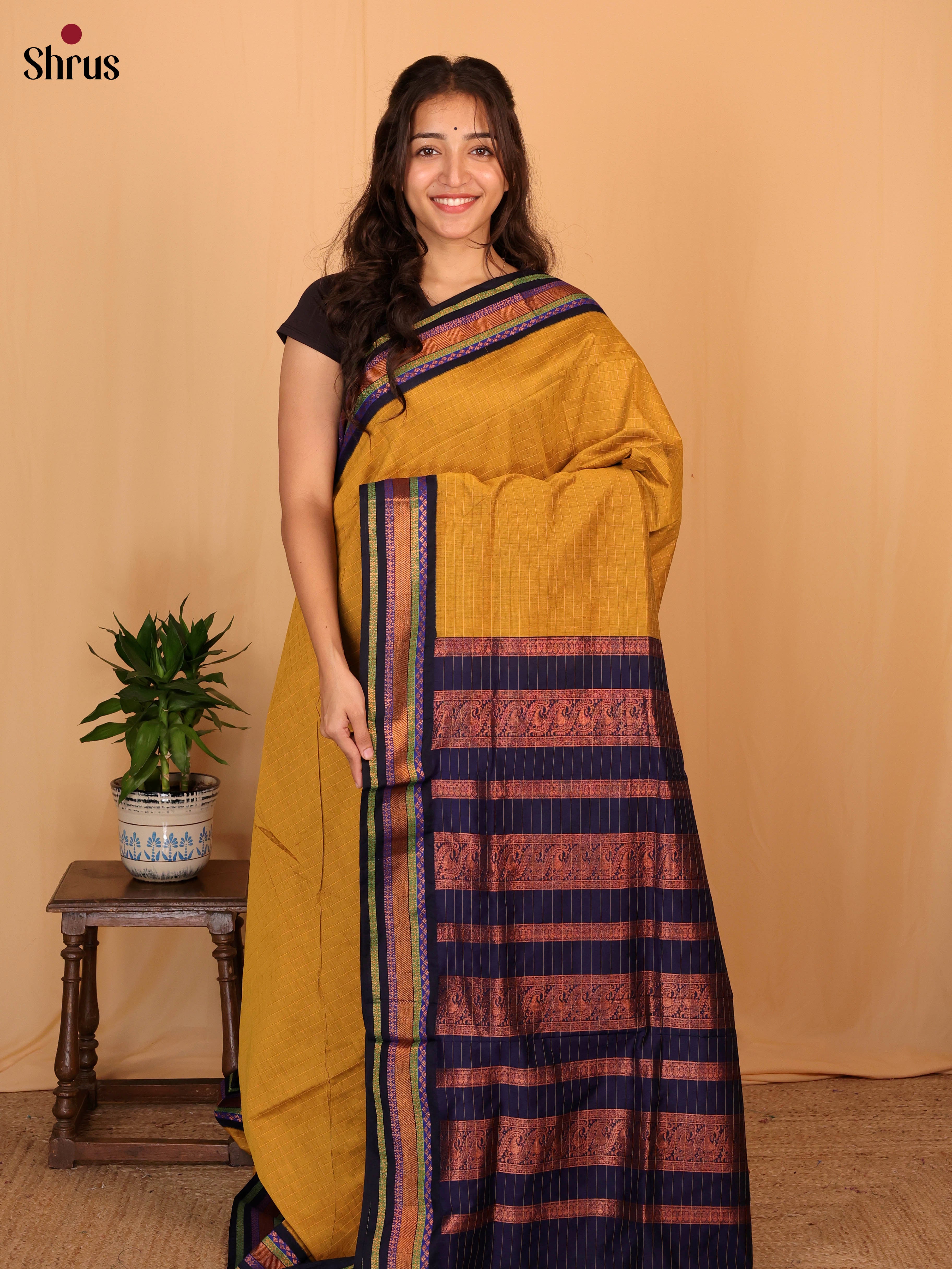 Mustard & Blue - Kalyani Cotton Saree - Shop on Shrus.com