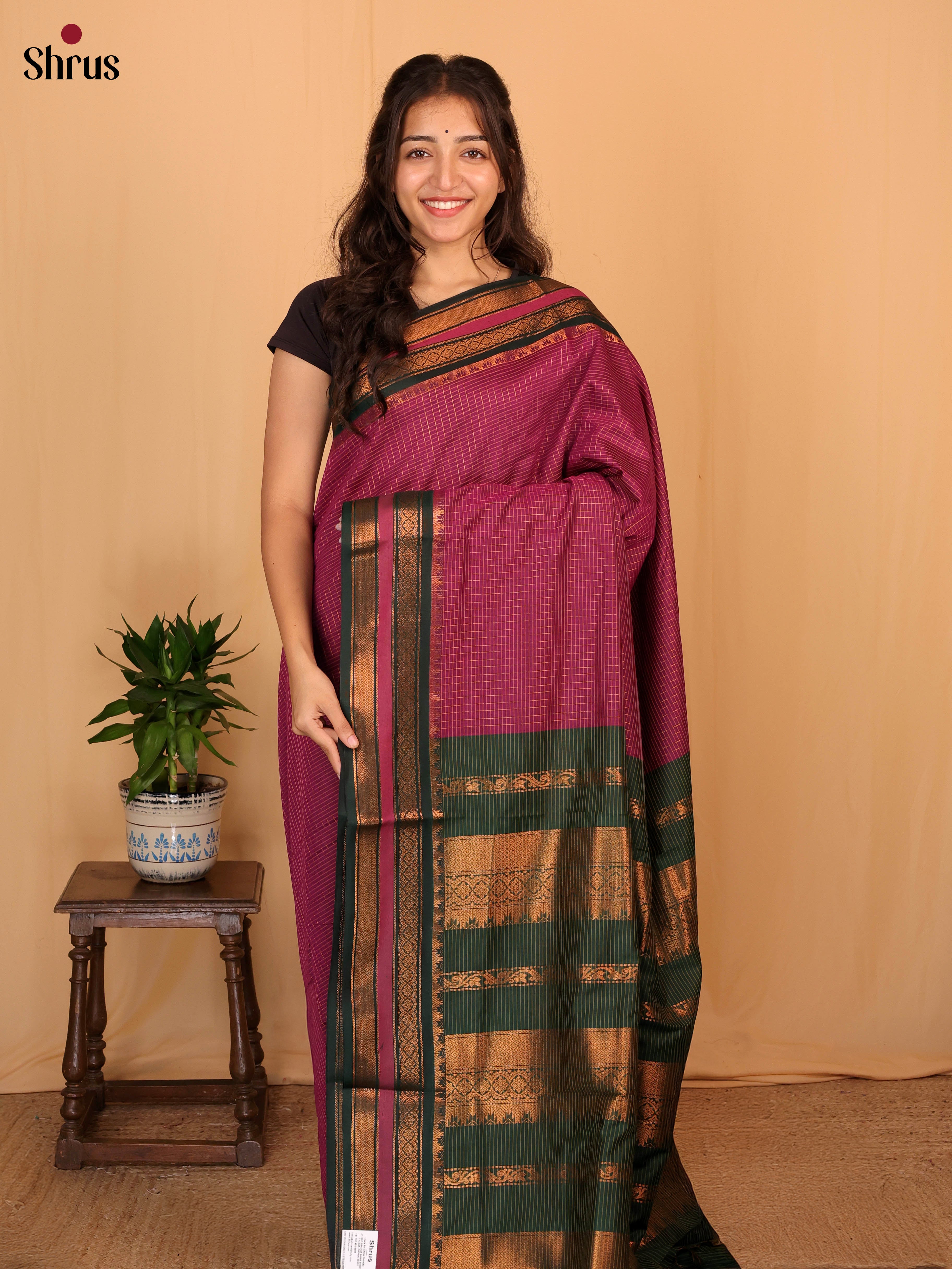 Majenta Pink & Green - Kalyani Cotton Saree - Shop on Shrus.com