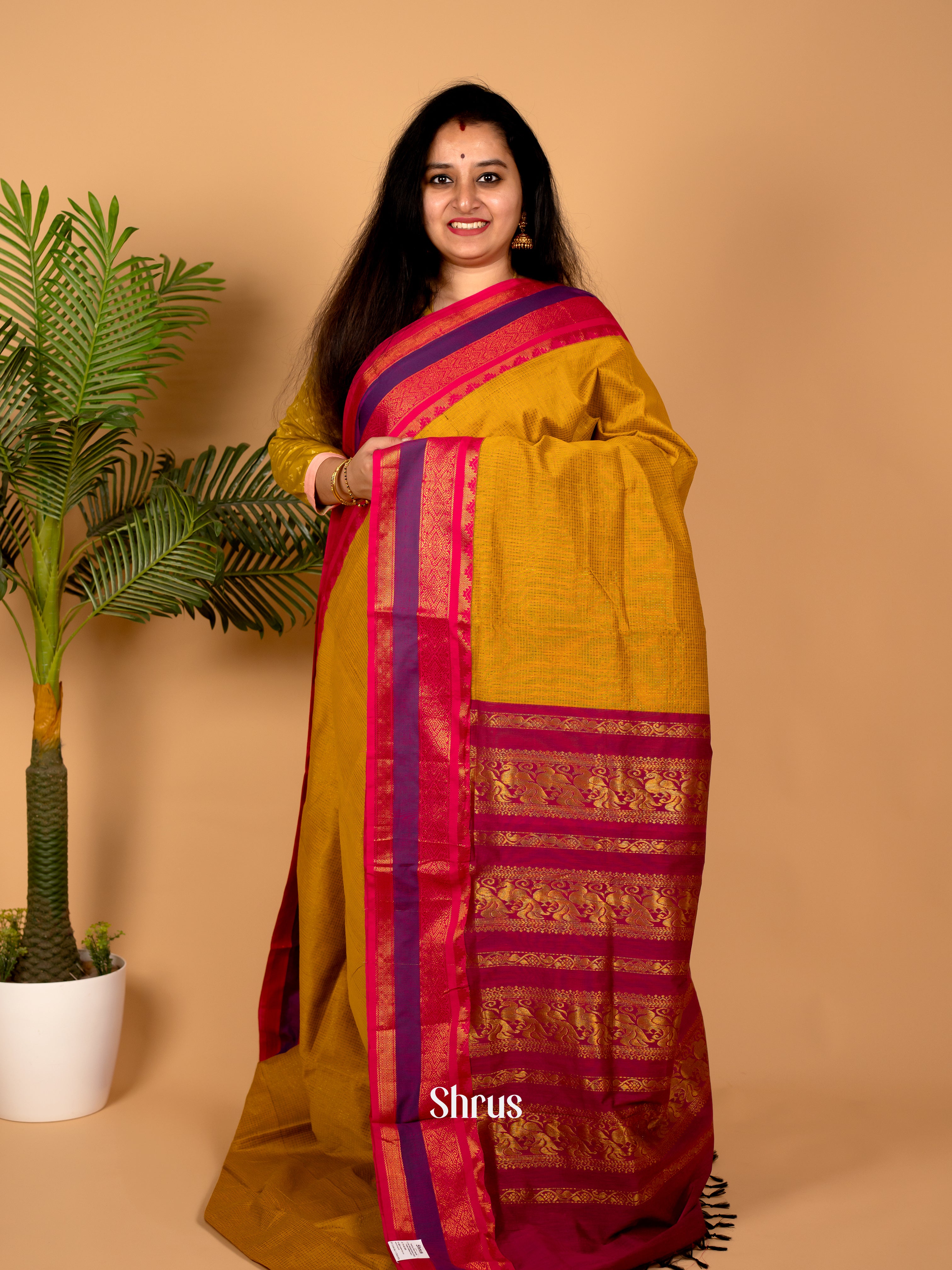 Mustard & Maroon- Kalyani Cotton Saree - Shop on Shrus.com
