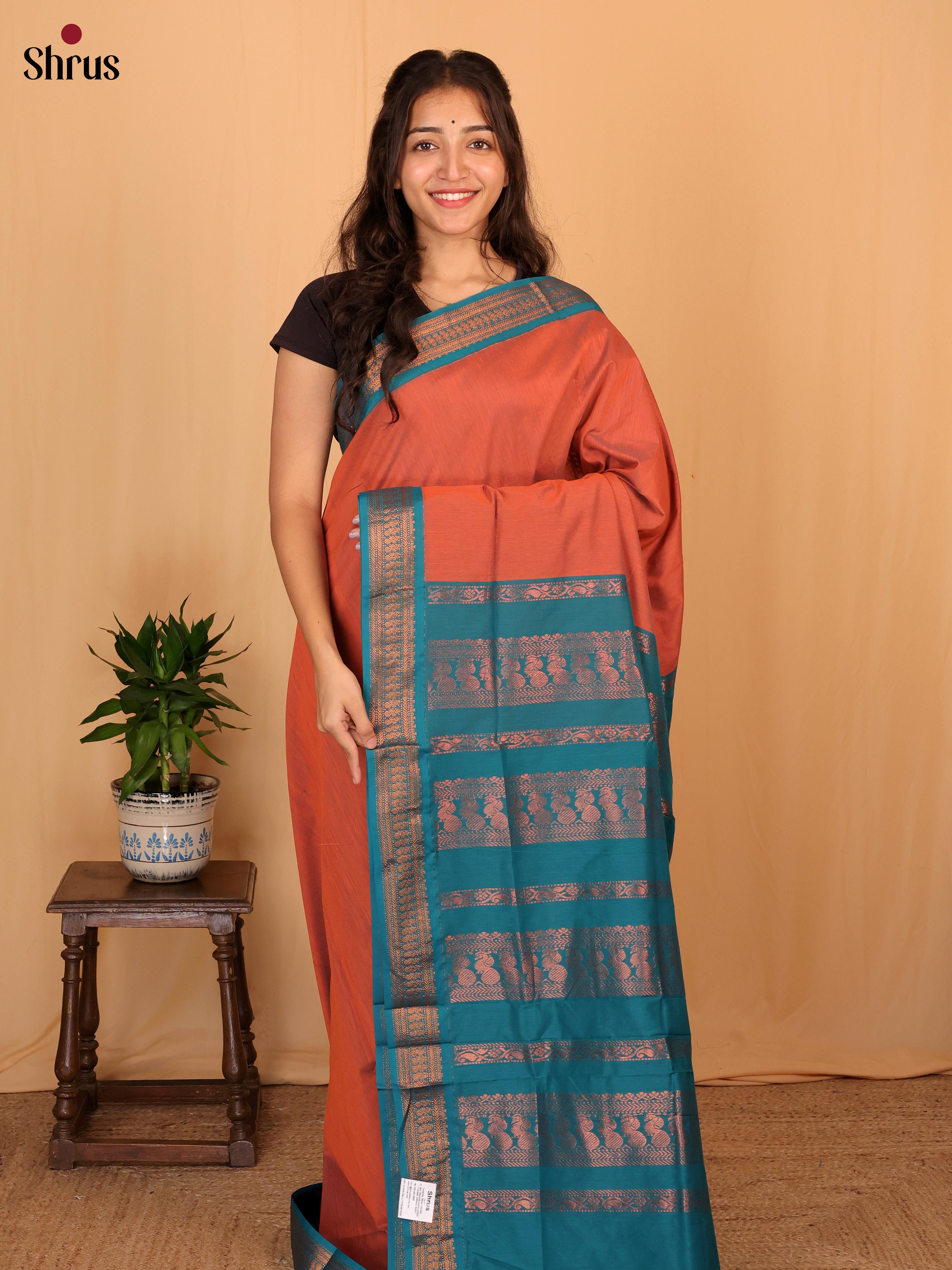 Orange & Blue - Kalyani Cotton Saree - Shop on Shrus.com