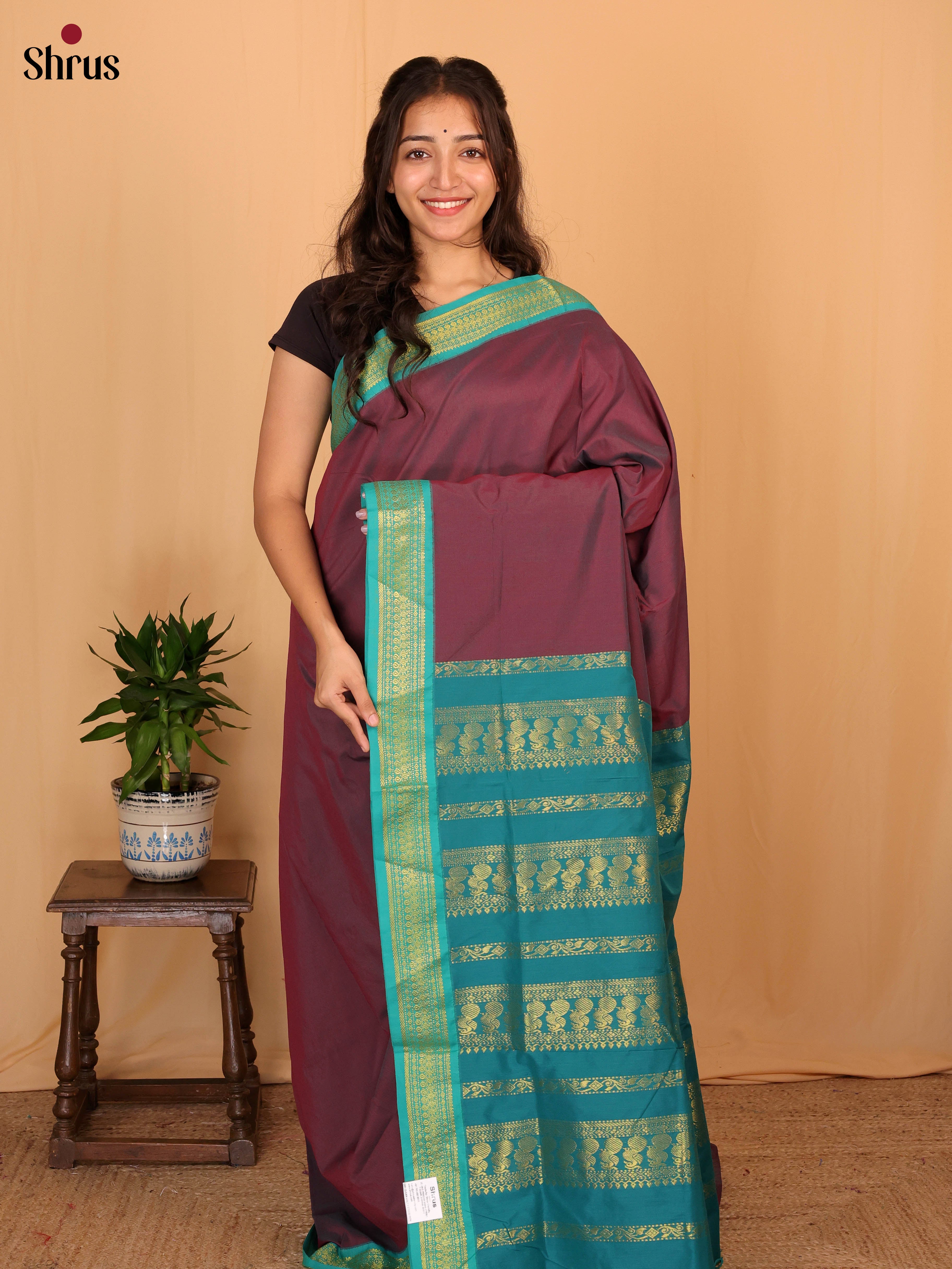 Purple & Blue- Kalyani Cotton Saree - Shop on Shrus.com