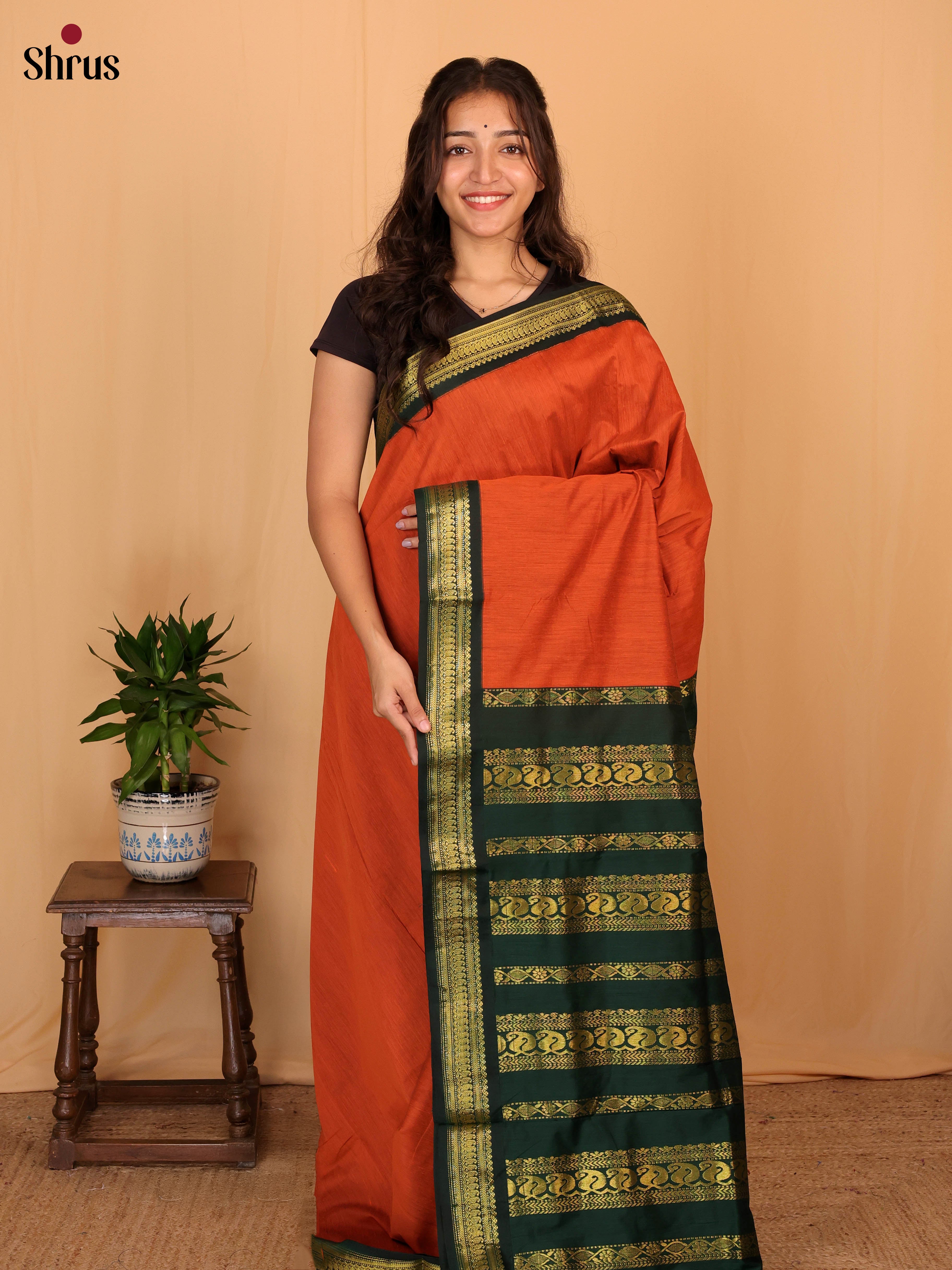 Orange & Green - Kalyani Cotton Saree - Shop on Shrus.com