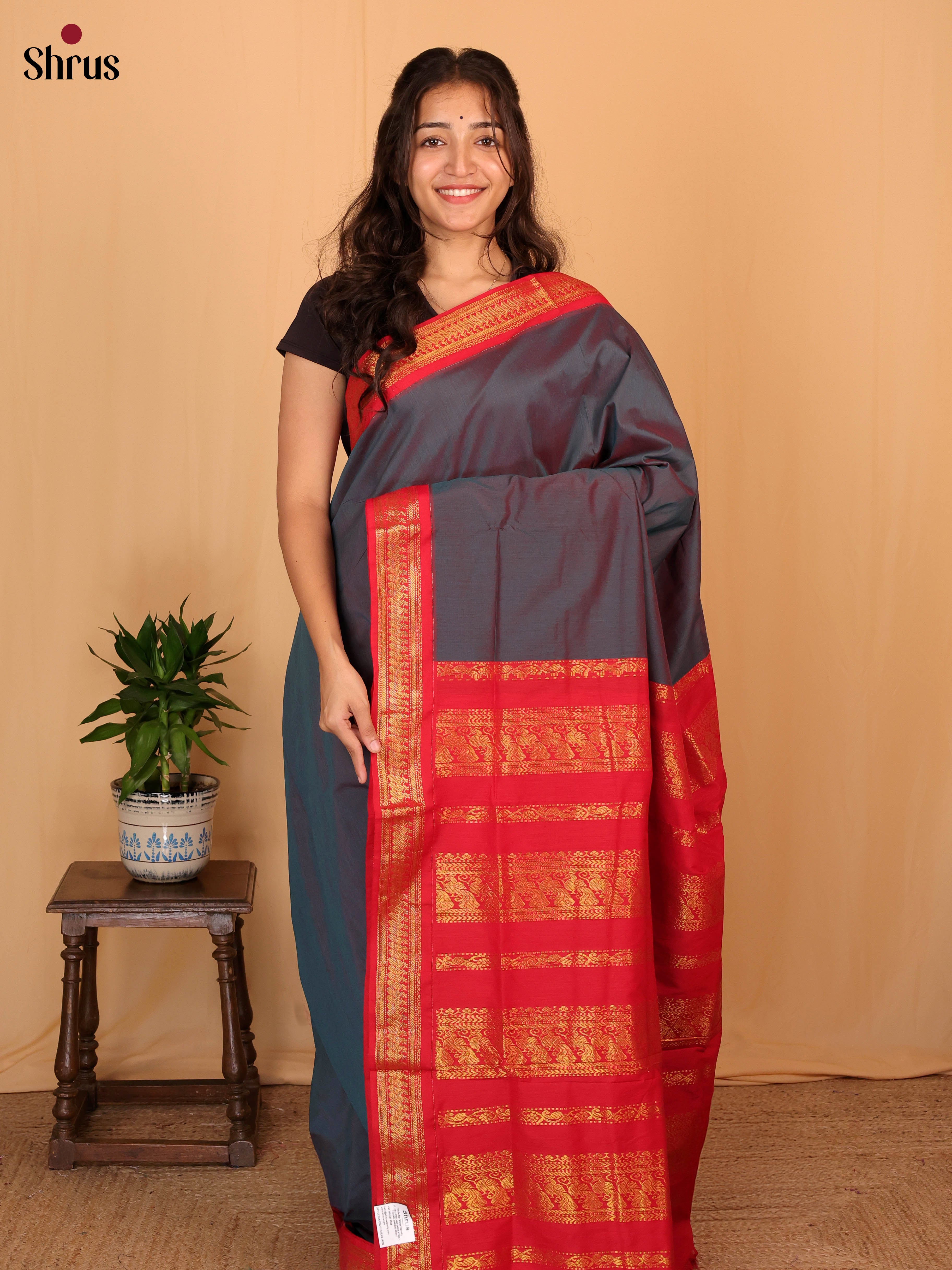 peacock Green & Red- Kalyani Cotton Saree - Shop on Shrus.com