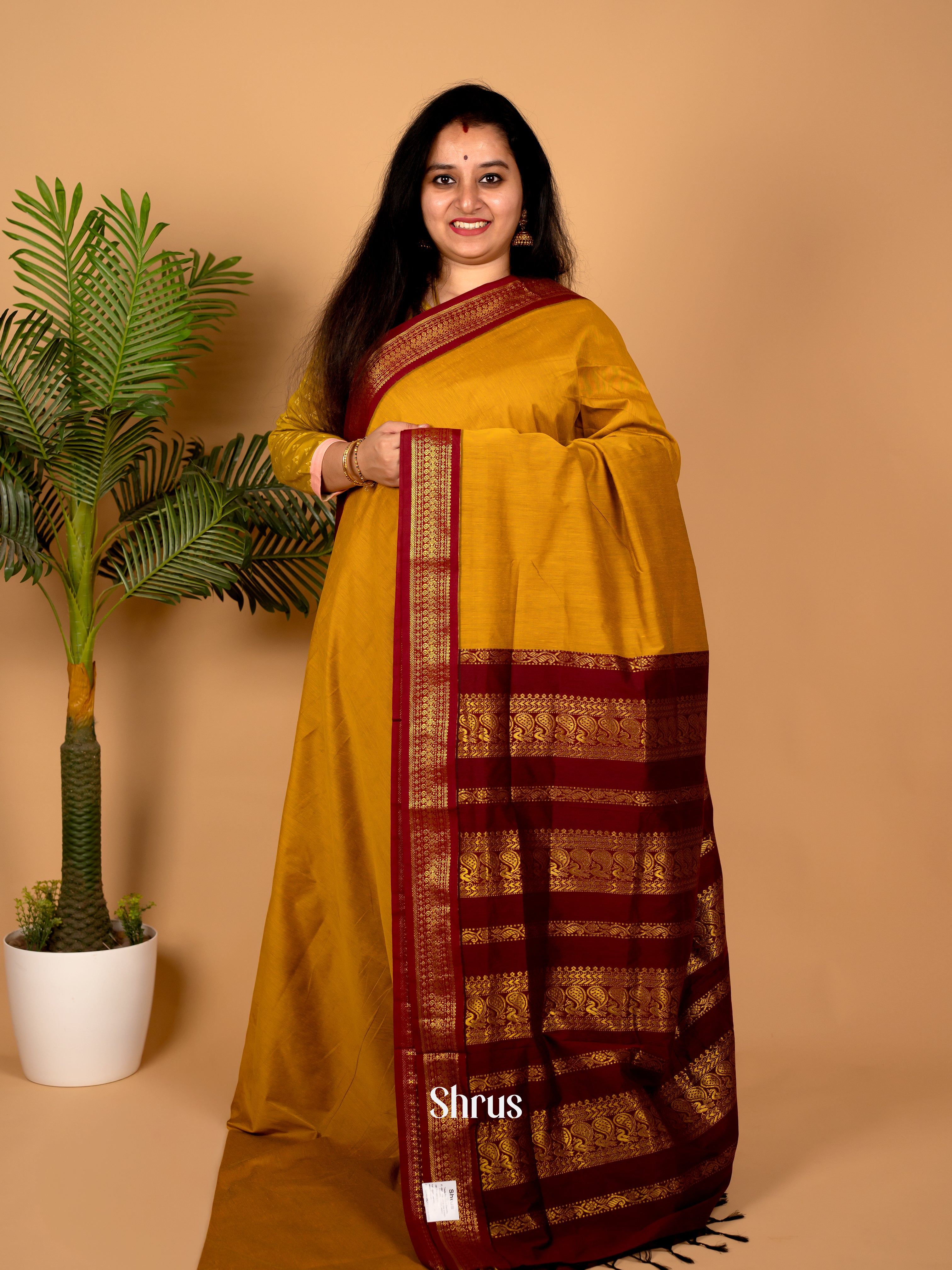 Mustard & Maroon - Kalyani Cotton Saree - Shop on Shrus.com