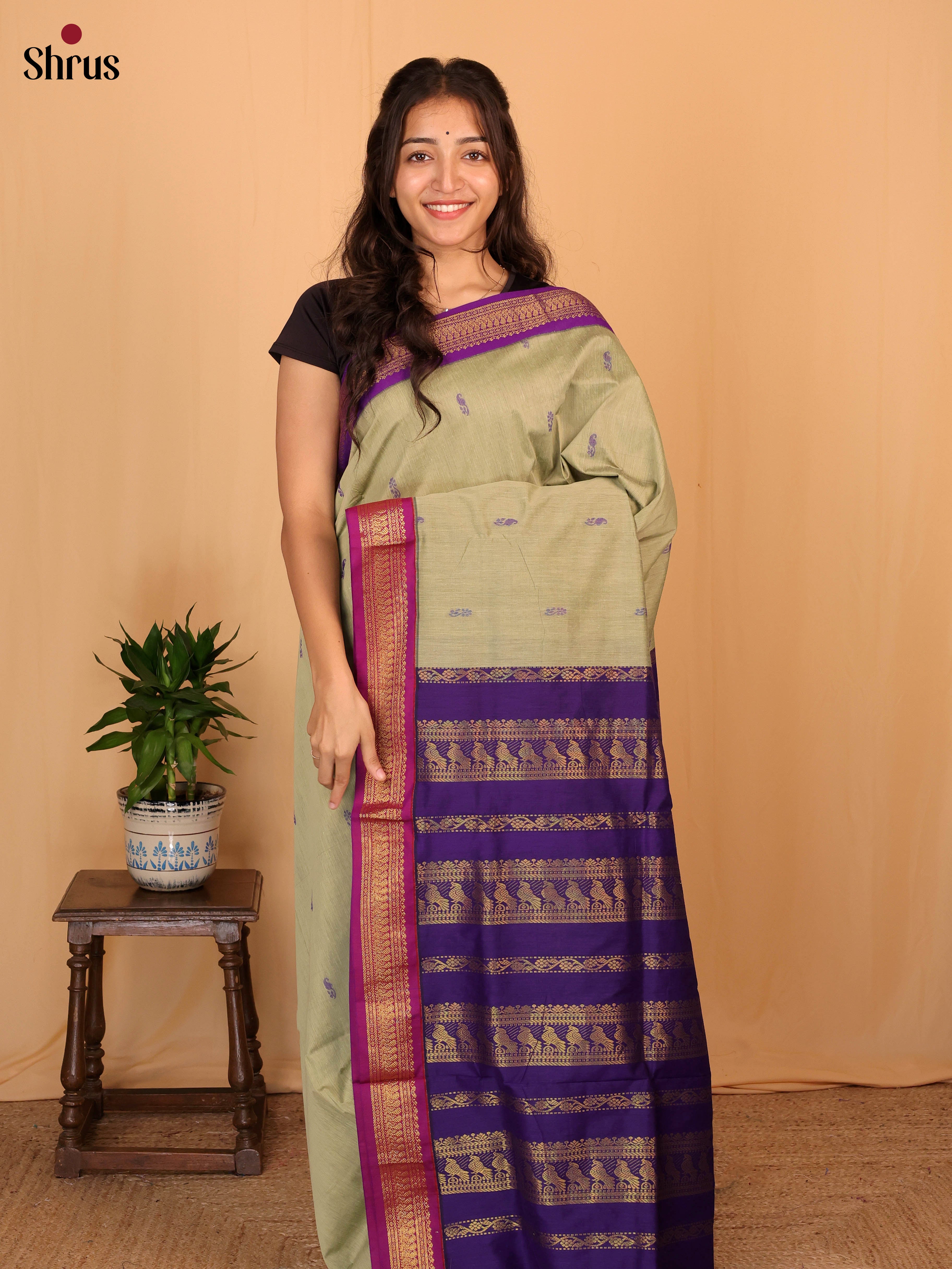 Elachi Green& Violet - Kalyani Cotton Saree - Shop on Shrus.com
