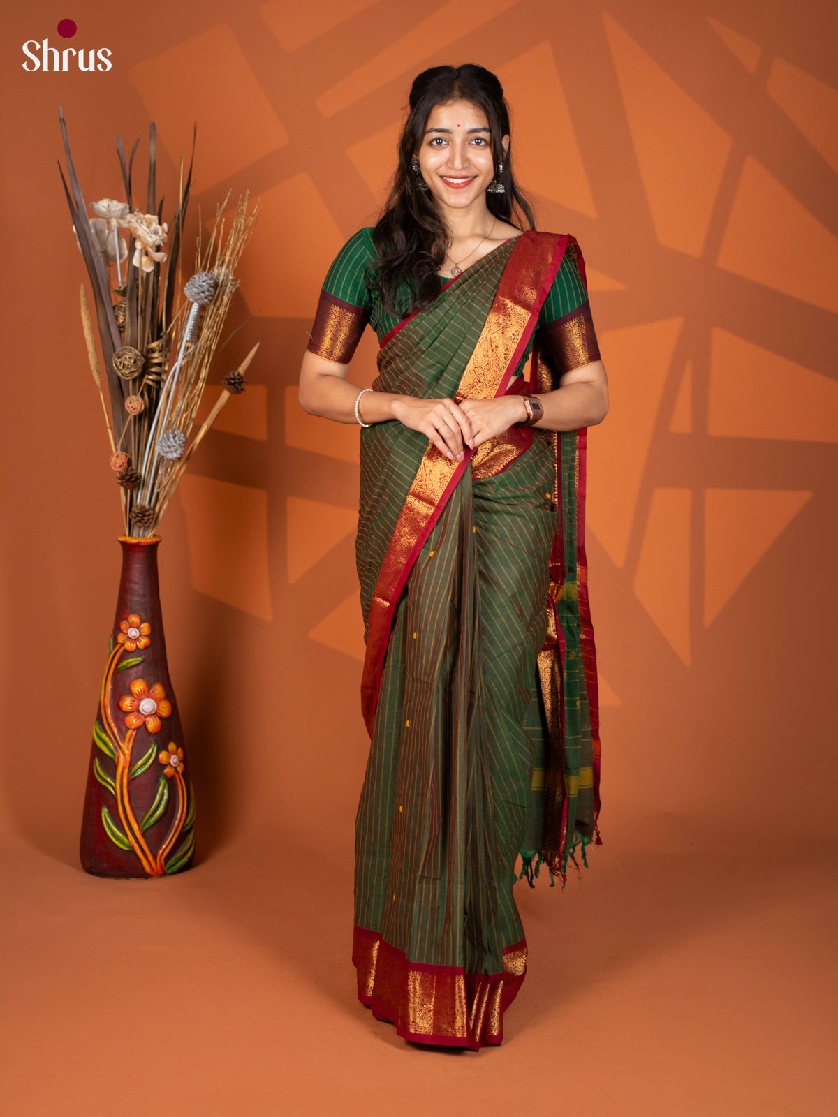 Green & Maroon- Chettinad Cotton Saree - Shop on Shrus.com