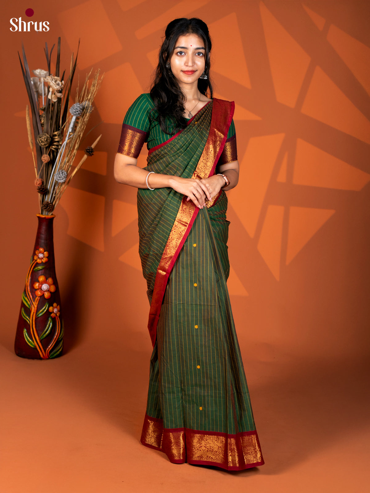 Green & Maroon- Chettinad Cotton Saree - Shop on Shrus.com