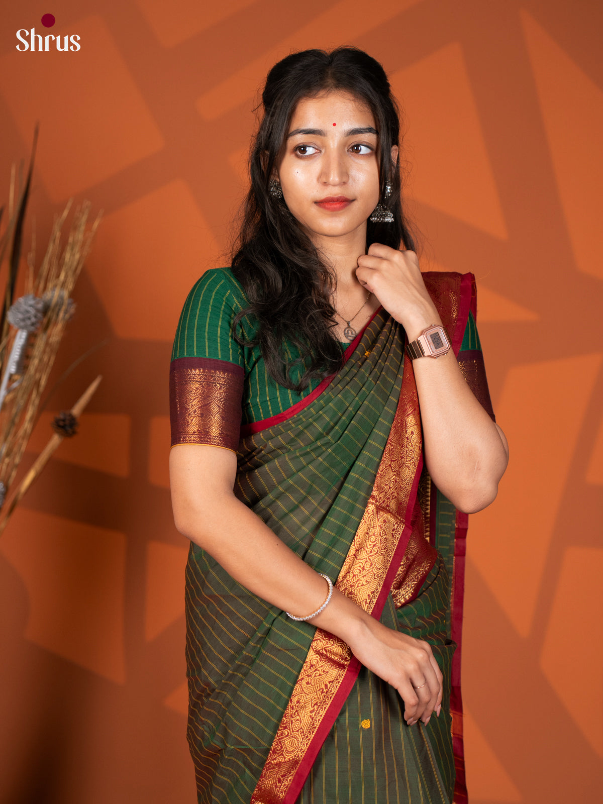 Green & Maroon- Chettinad Cotton Saree - Shop on Shrus.com