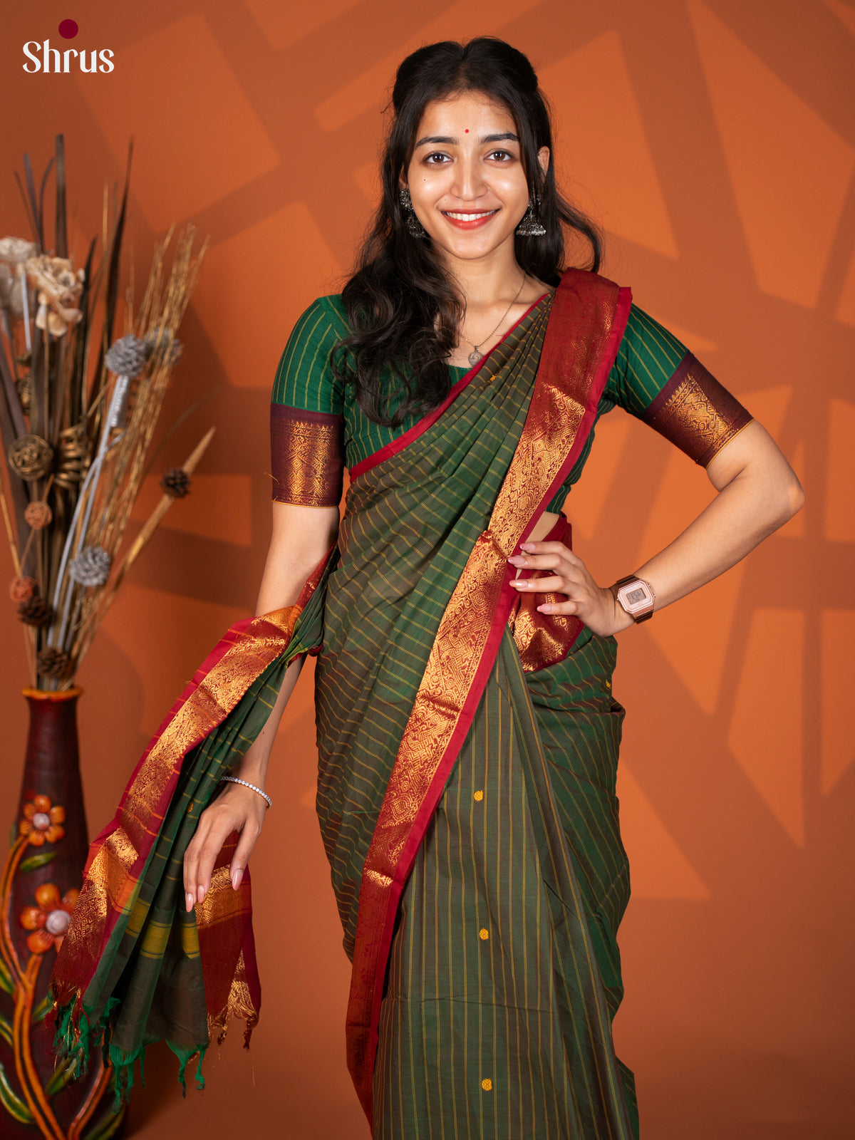 Green & Maroon- Chettinad Cotton Saree - Shop on Shrus.com